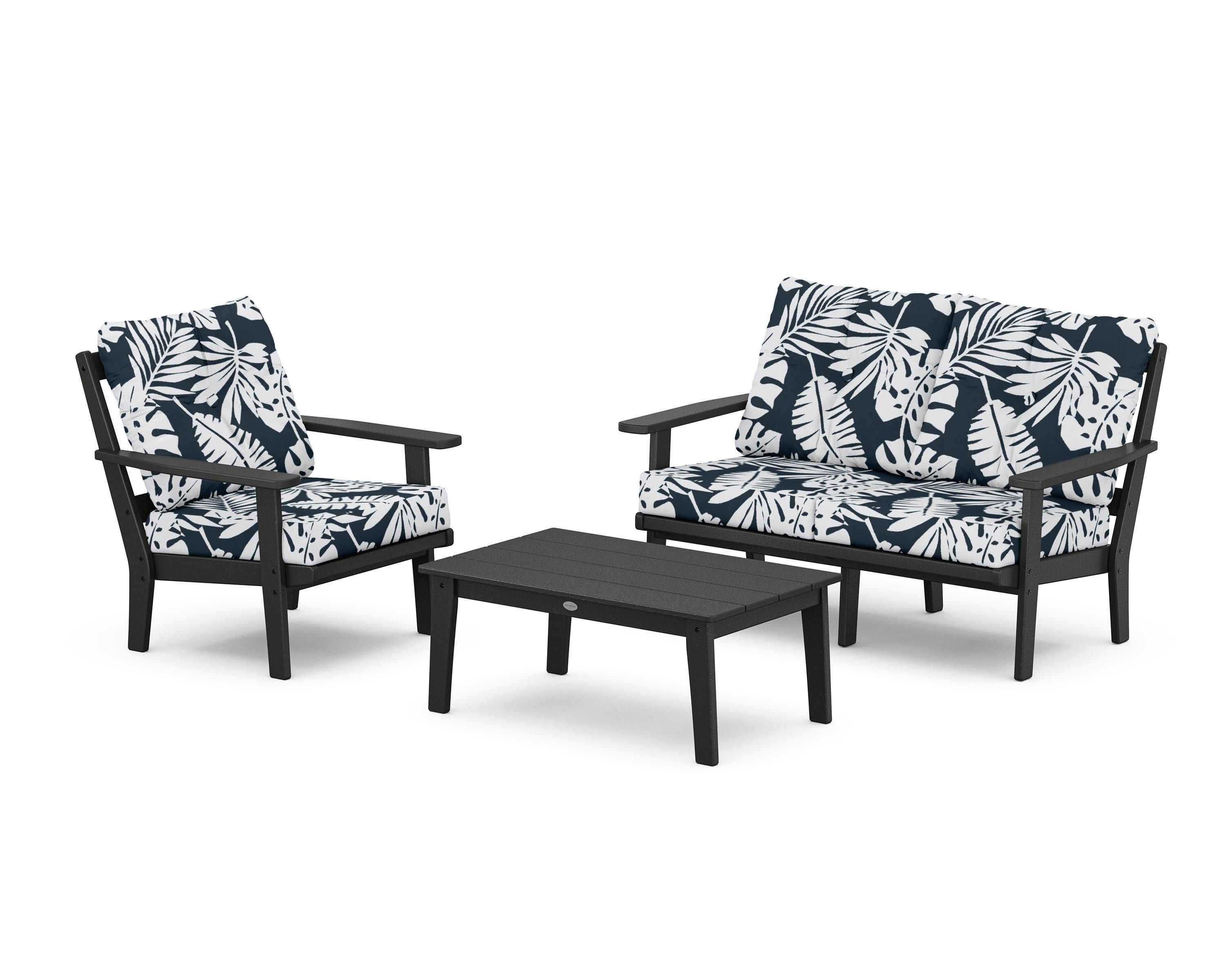 Oxford 3-Piece Deep Seating Set with Loveseat in Black / Leaf Marine Indigo