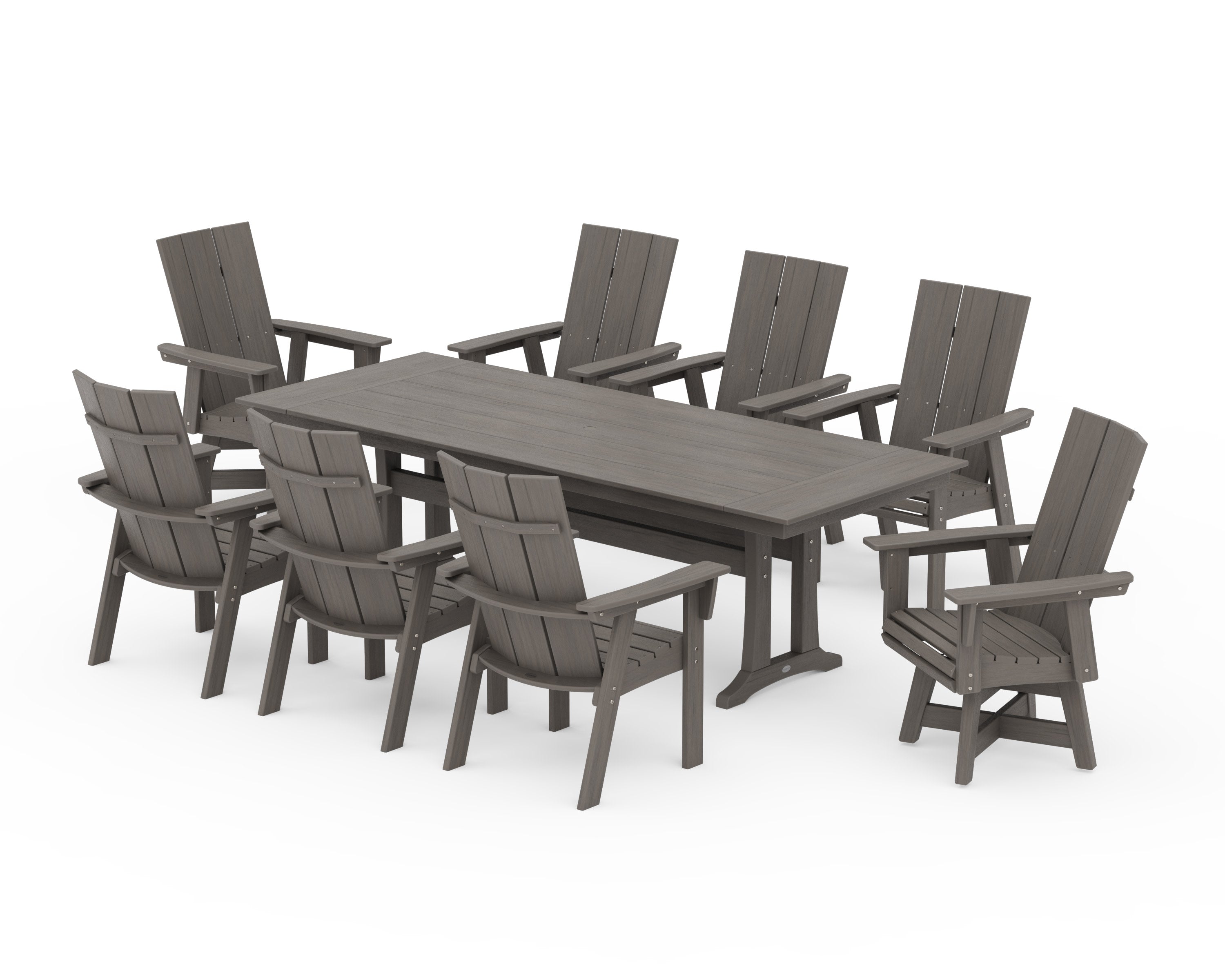 Modern Curveback Adirondack Swivel 9-Piece Farmhouse Dining Set with Trestle Legs in Driftwood