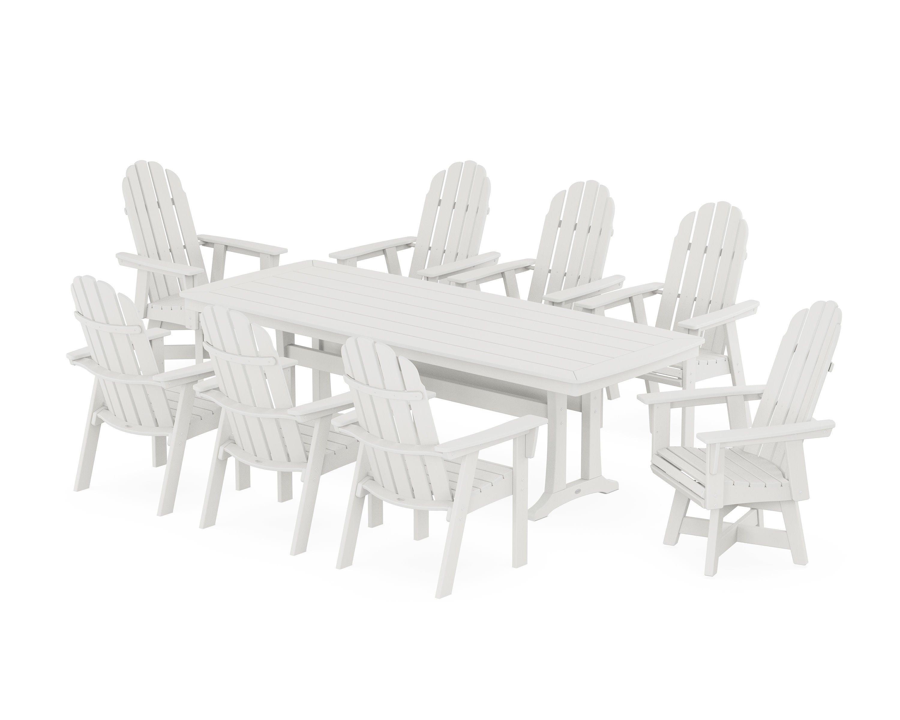 Vineyard Curveback Adirondack Swivel 9-Piece Dining Set with Trestle Legs in Vintage White