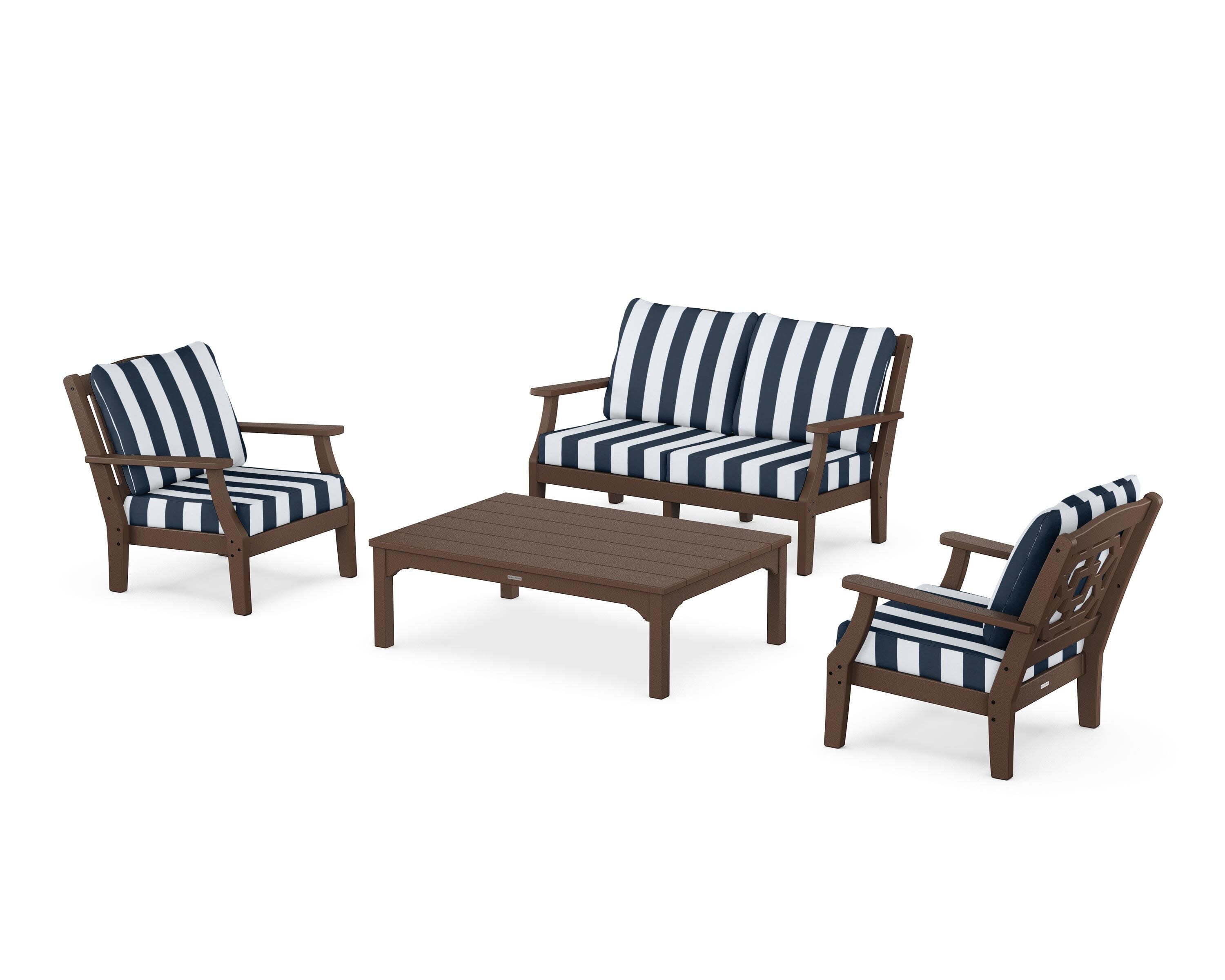 Chinoiserie 4-Piece Deep Seating Set with Loveseat in Mahogany / Cabana Stripe Marine Indigo