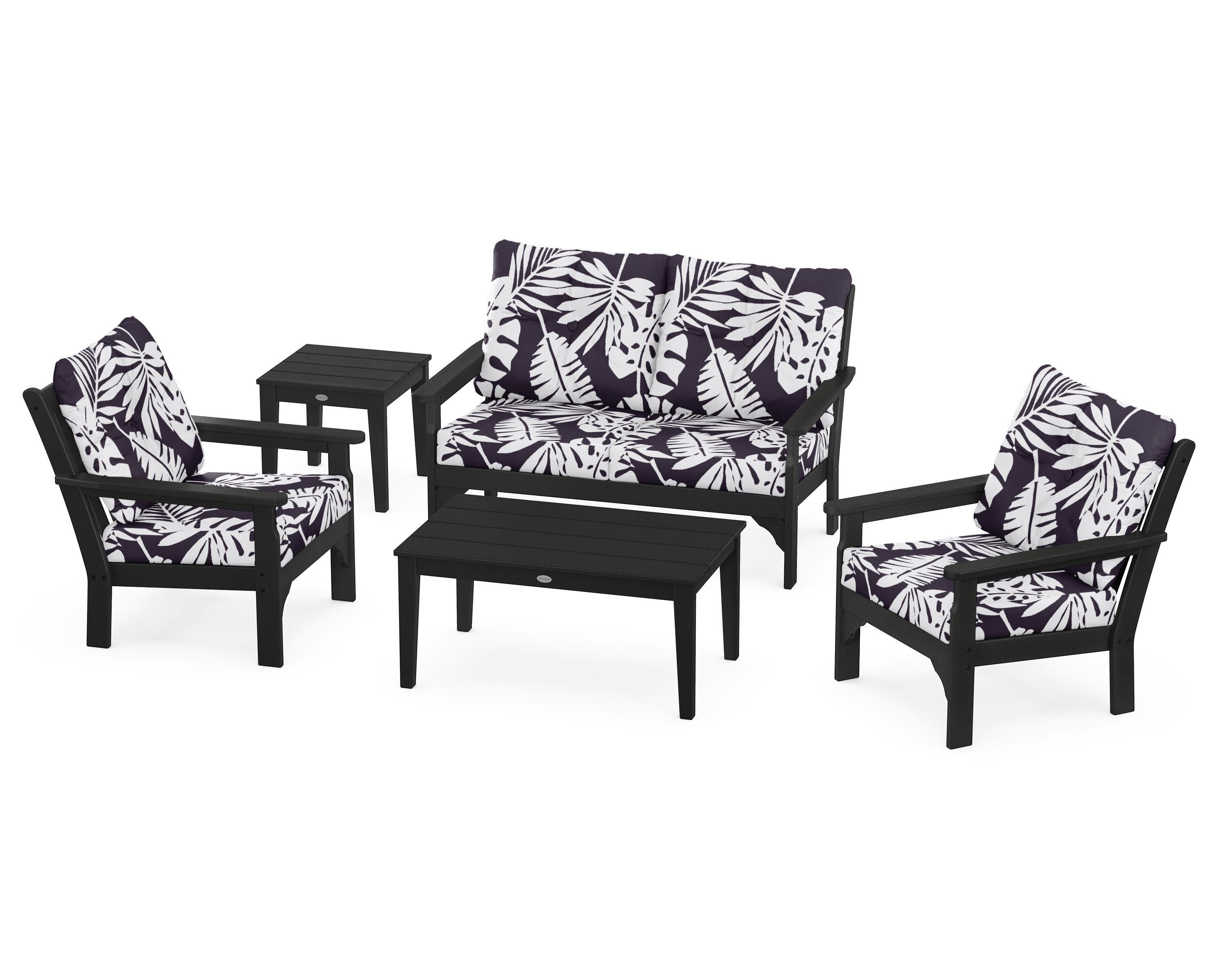 Vineyard 5-Piece Deep Seating Set in Black / Leaf Navy