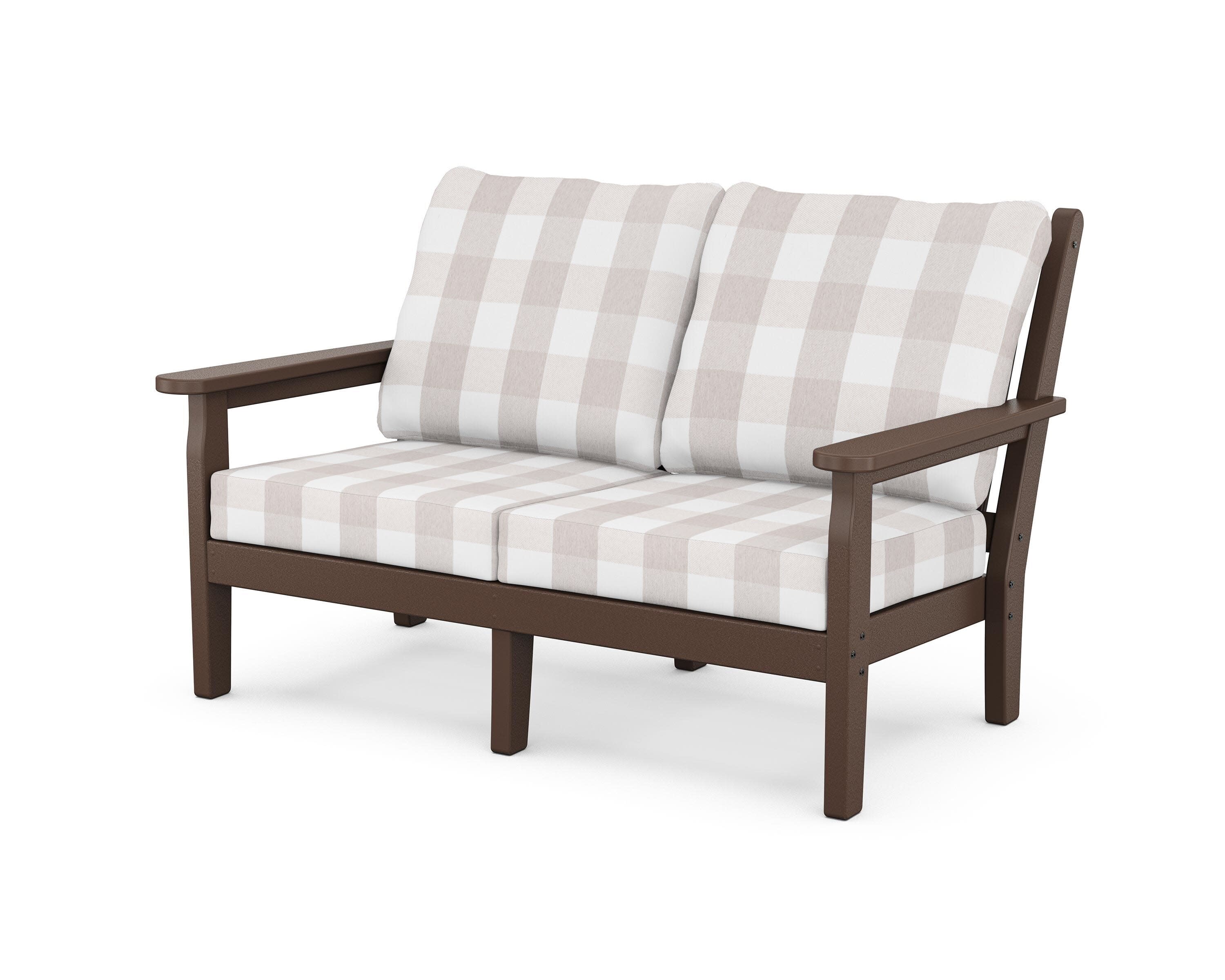 Chippendale Deep Seating Loveseat in Mahogany / Buffalo Plaid Dune Burlap