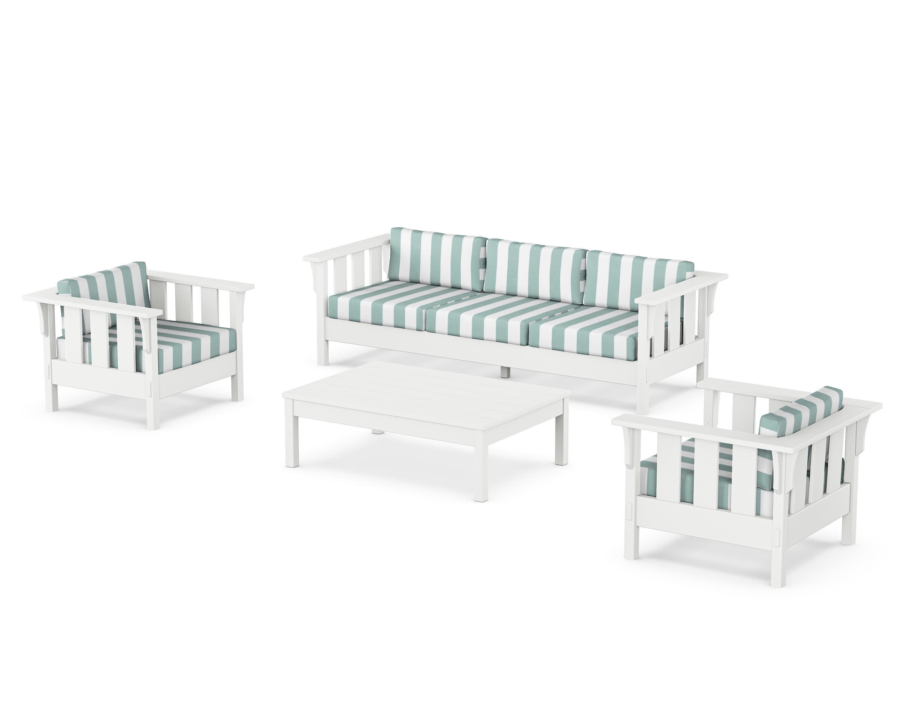 Acadia 4-Piece Deep Seating Set with Sofa in White / Cabana Stripe Glacier Spa