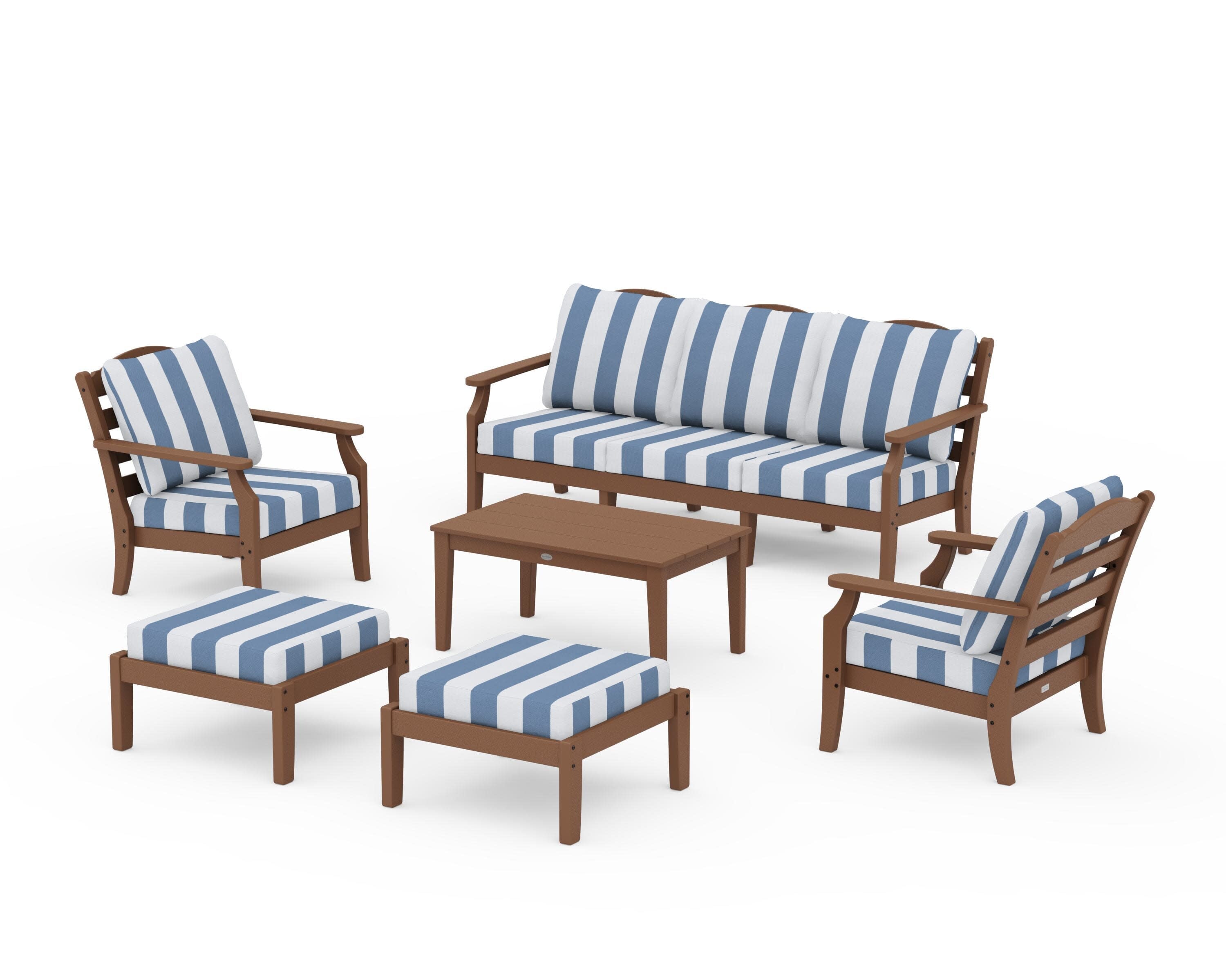 Savannah 6-Piece Lounge Sofa Set in Teak / Cabana Stripe Sky Blue