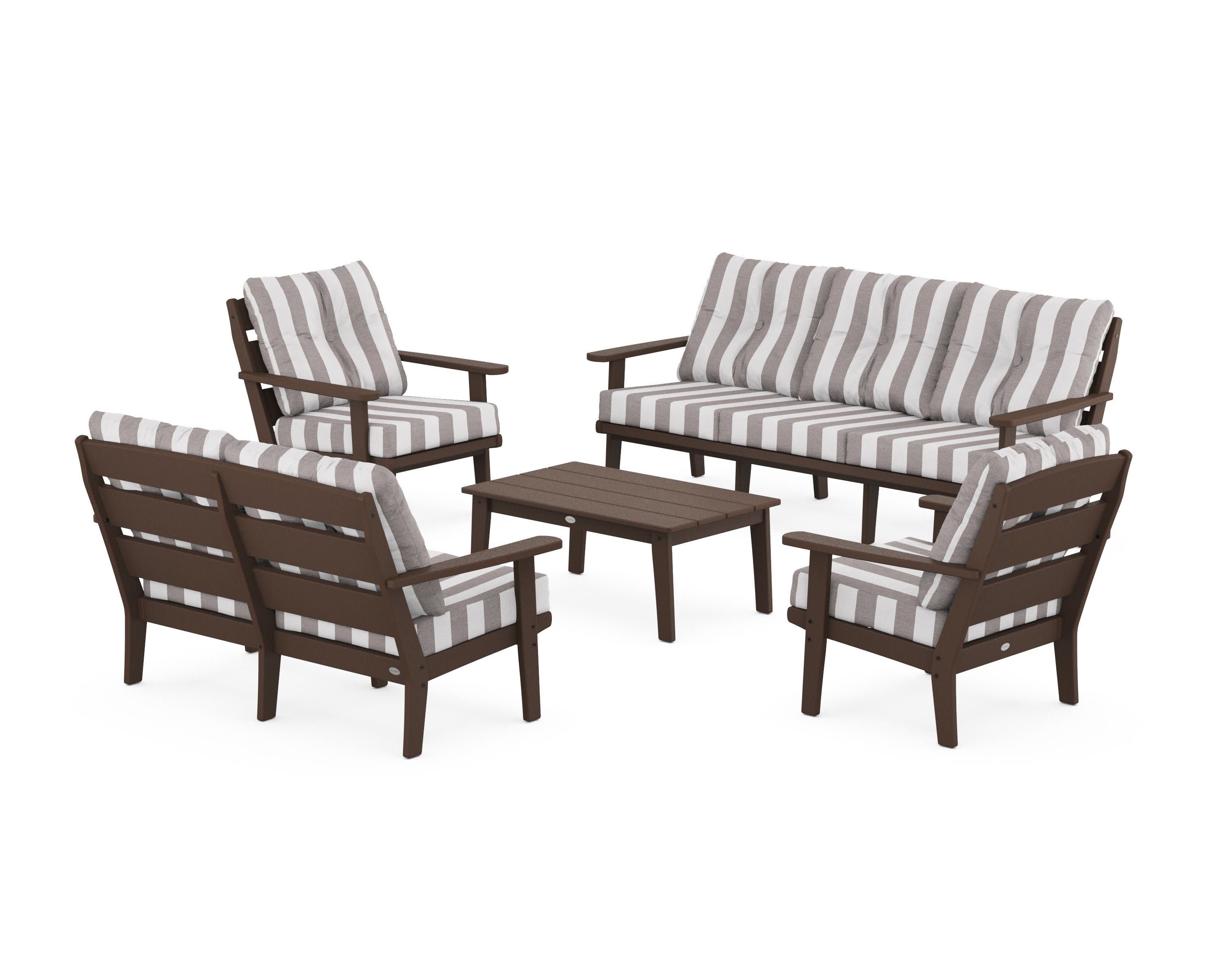 Lakeside 5-Piece Lounge Sofa Set in Mahogany / Cabana Stripe Grey Mist