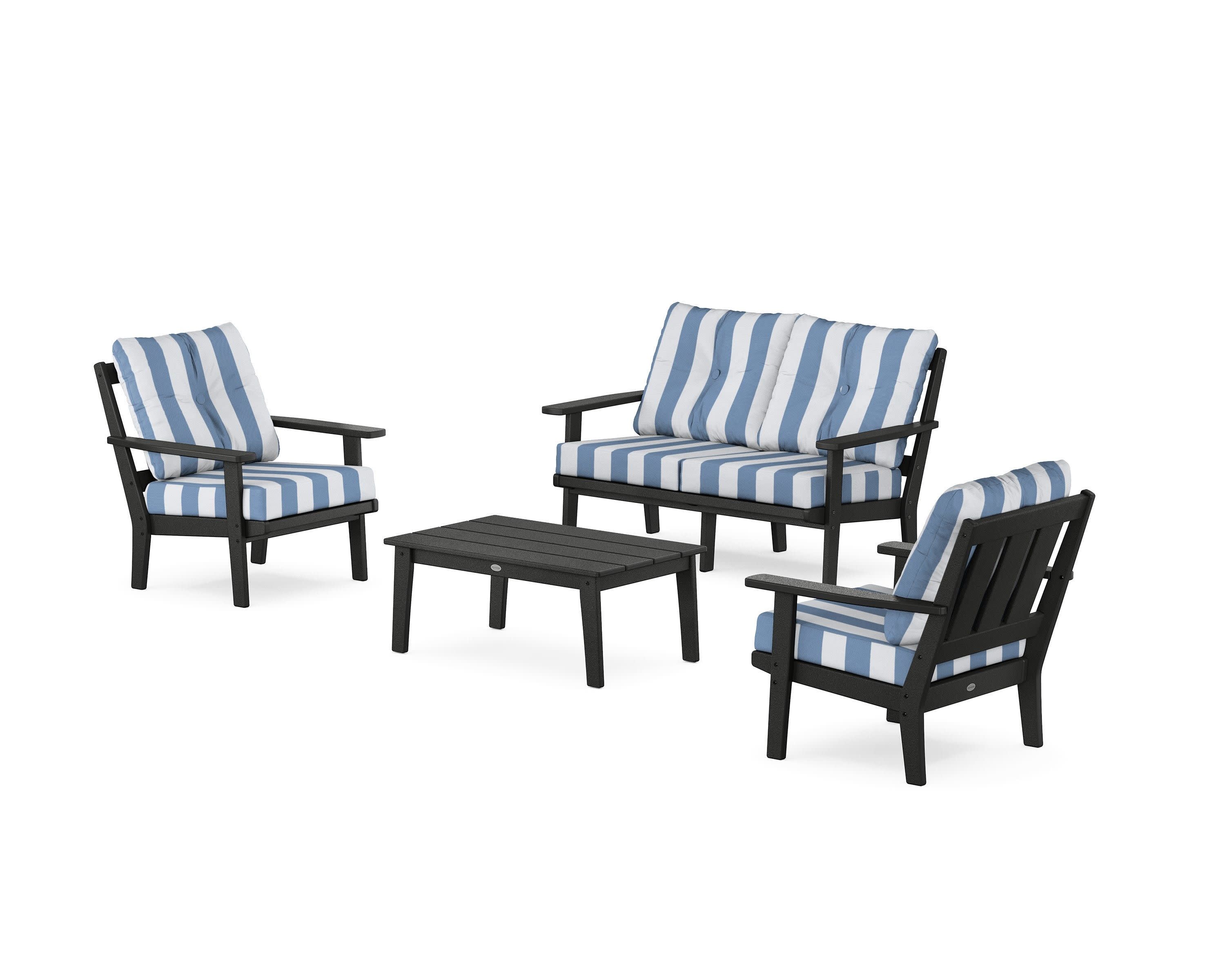 Oxford 4-Piece Deep Seating Set with Loveseat in Black / Cabana Stripe Sky Blue