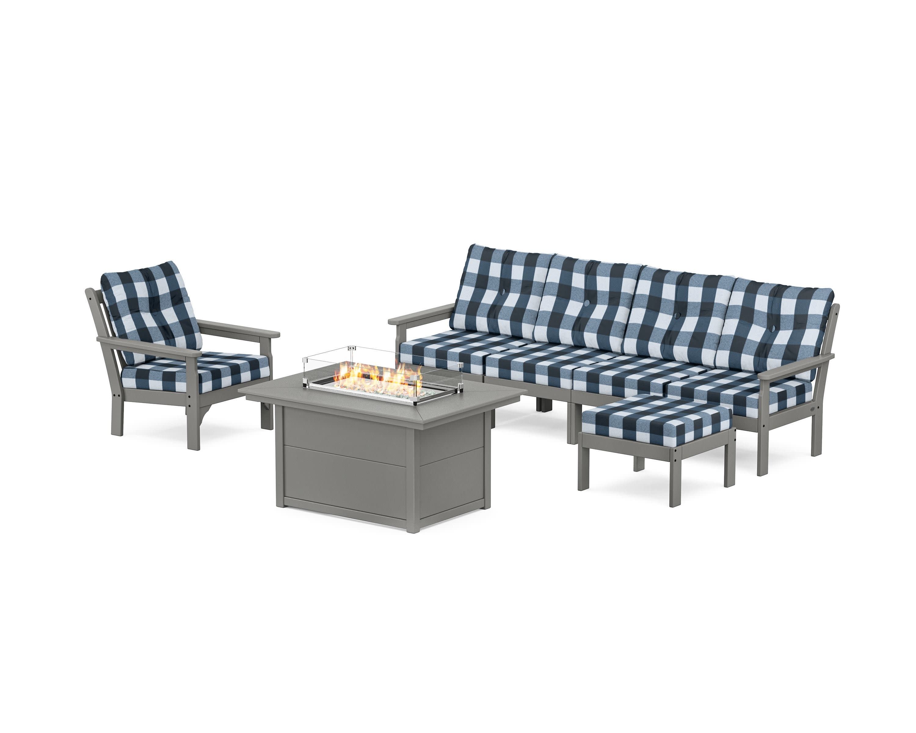 Vineyard Sectional Lounge and Fire Pit Set in Slate Grey / Buffalo Plaid Marine Indigo