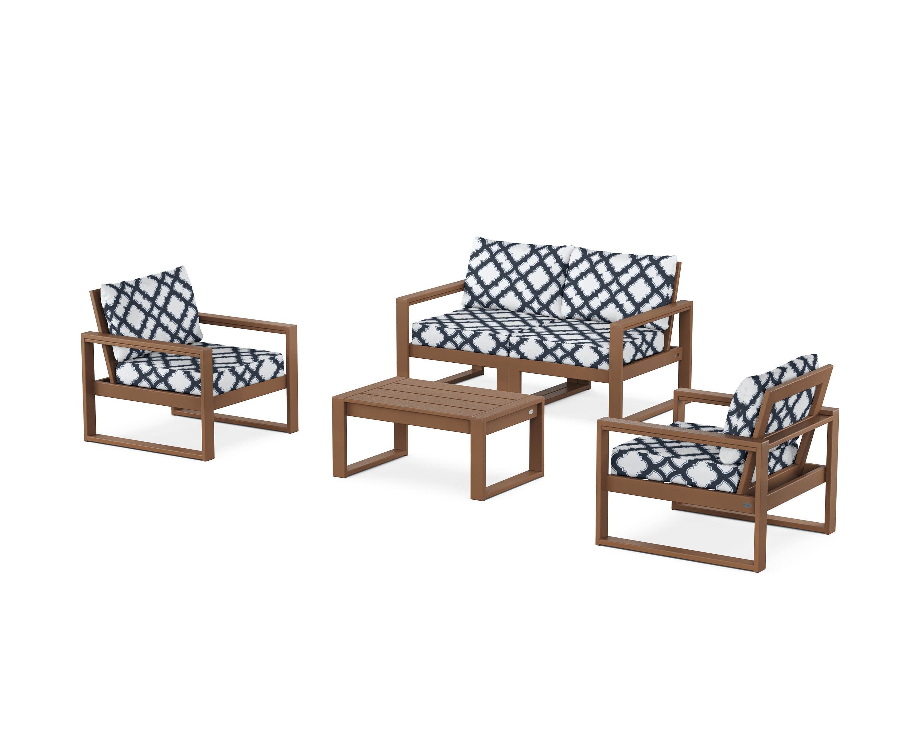 EDGE Sectional 4-Piece Deep Seating Set with Loveseat in Teak / Trellis Marine Indigo