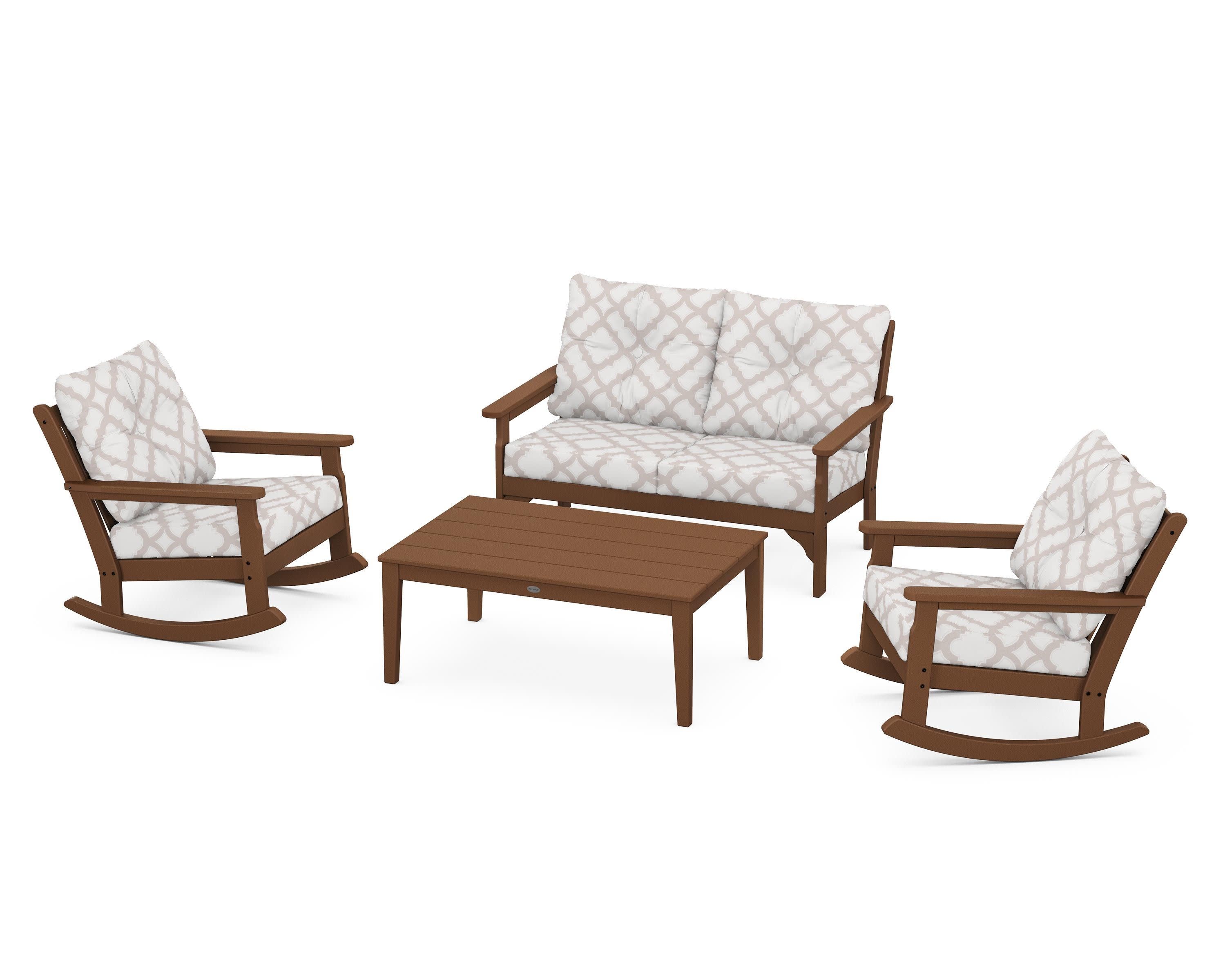 Vineyard 4-Piece Deep Seating Rocking Chair Set in Teak / Trellis Dune Burlap