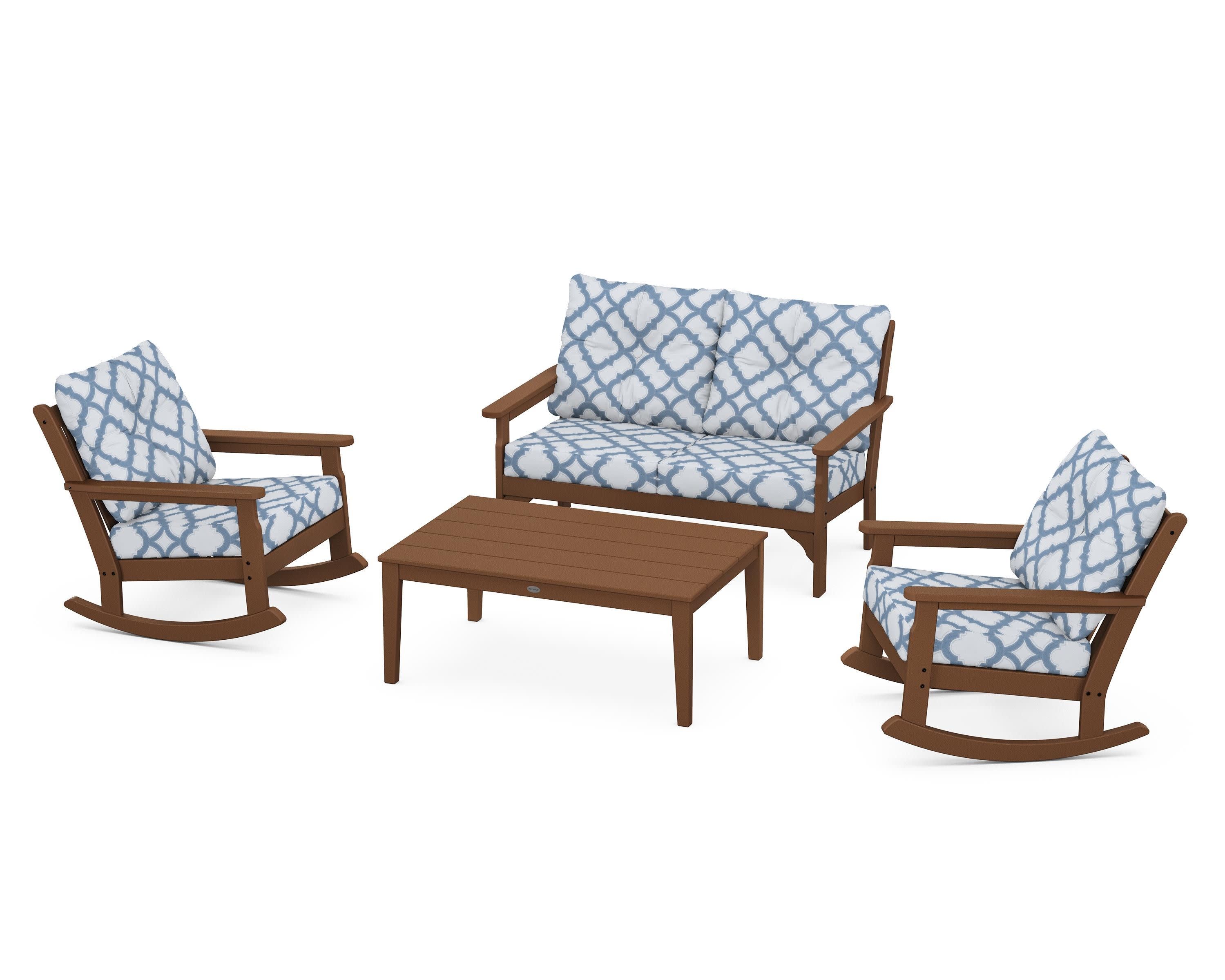 Vineyard 4-Piece Deep Seating Rocking Chair Set in Teak / Trellis Sky Blue
