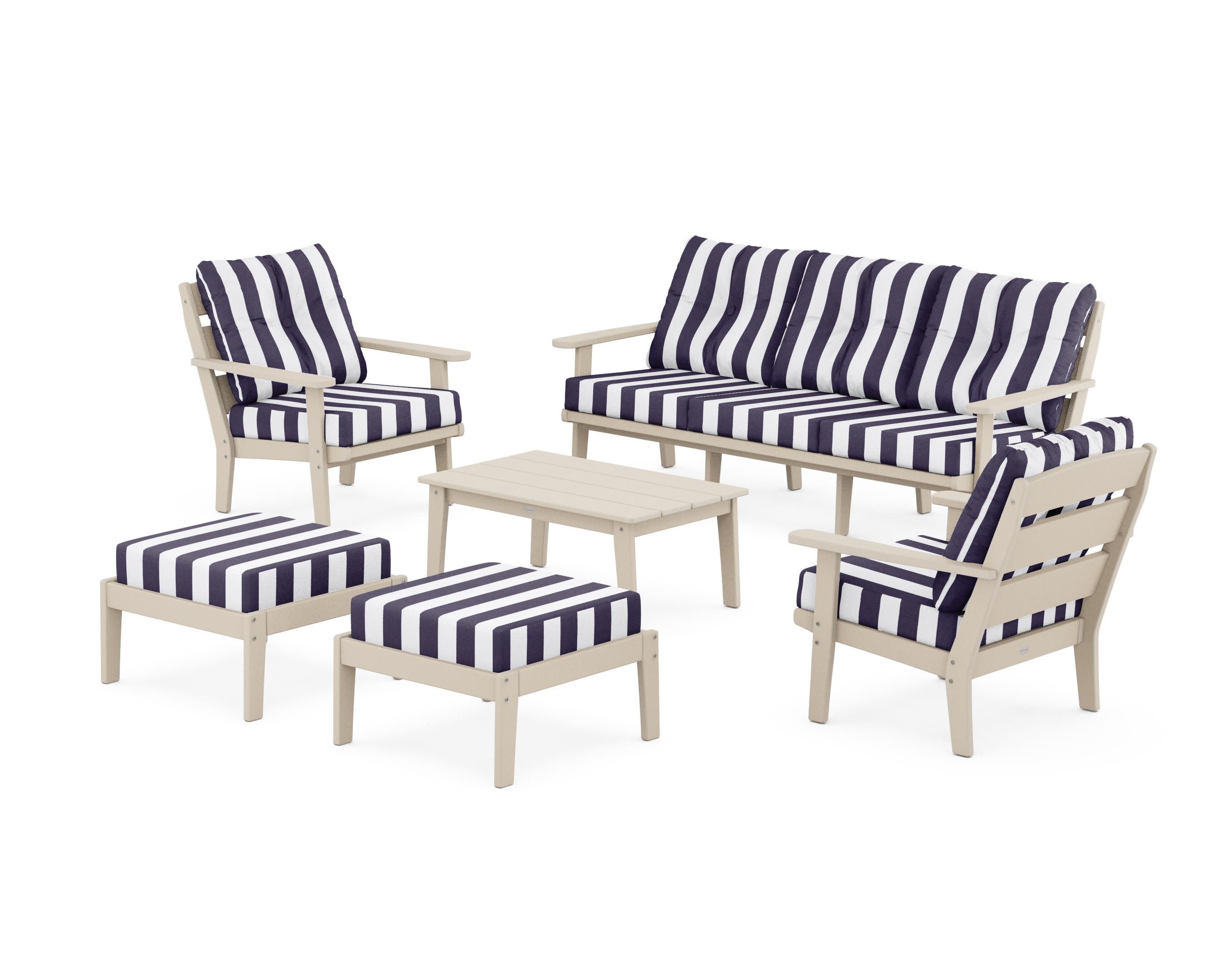 Lakeside 6-Piece Lounge Sofa Set in Sand / Cabana Stripe Navy