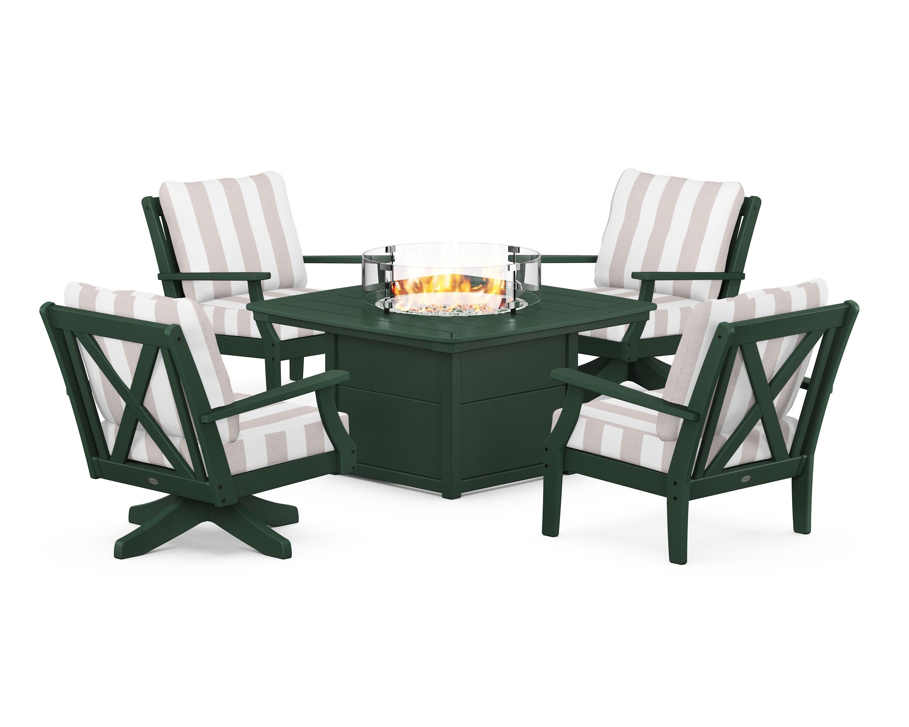 Braxton 5-Piece Deep Seating Set with Fire Table in Green / Cabana Stripe Dune Burlap