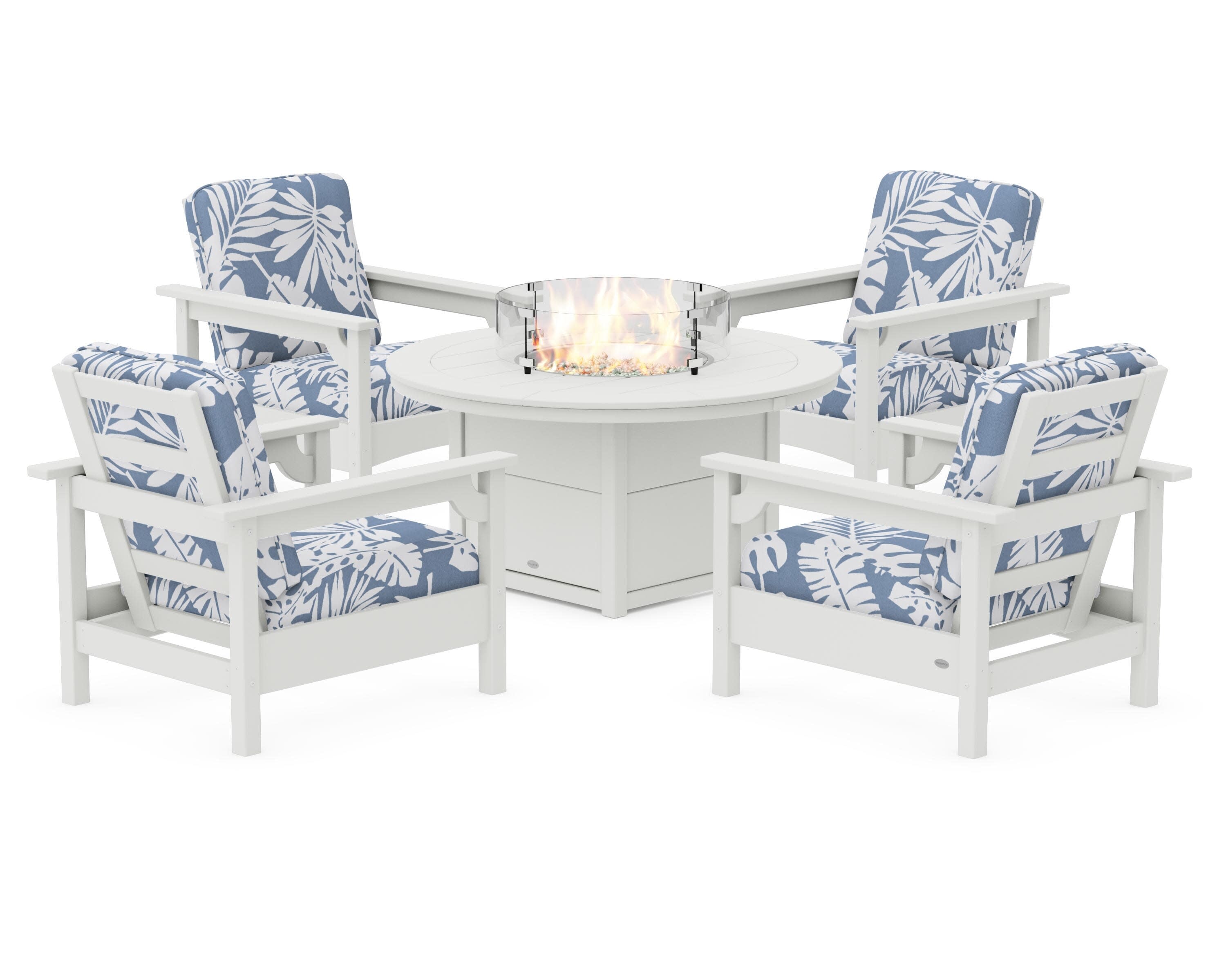 Club 5-Piece Conversation Set with Fire Pit Table in Vintage White / Leaf Sky Blue