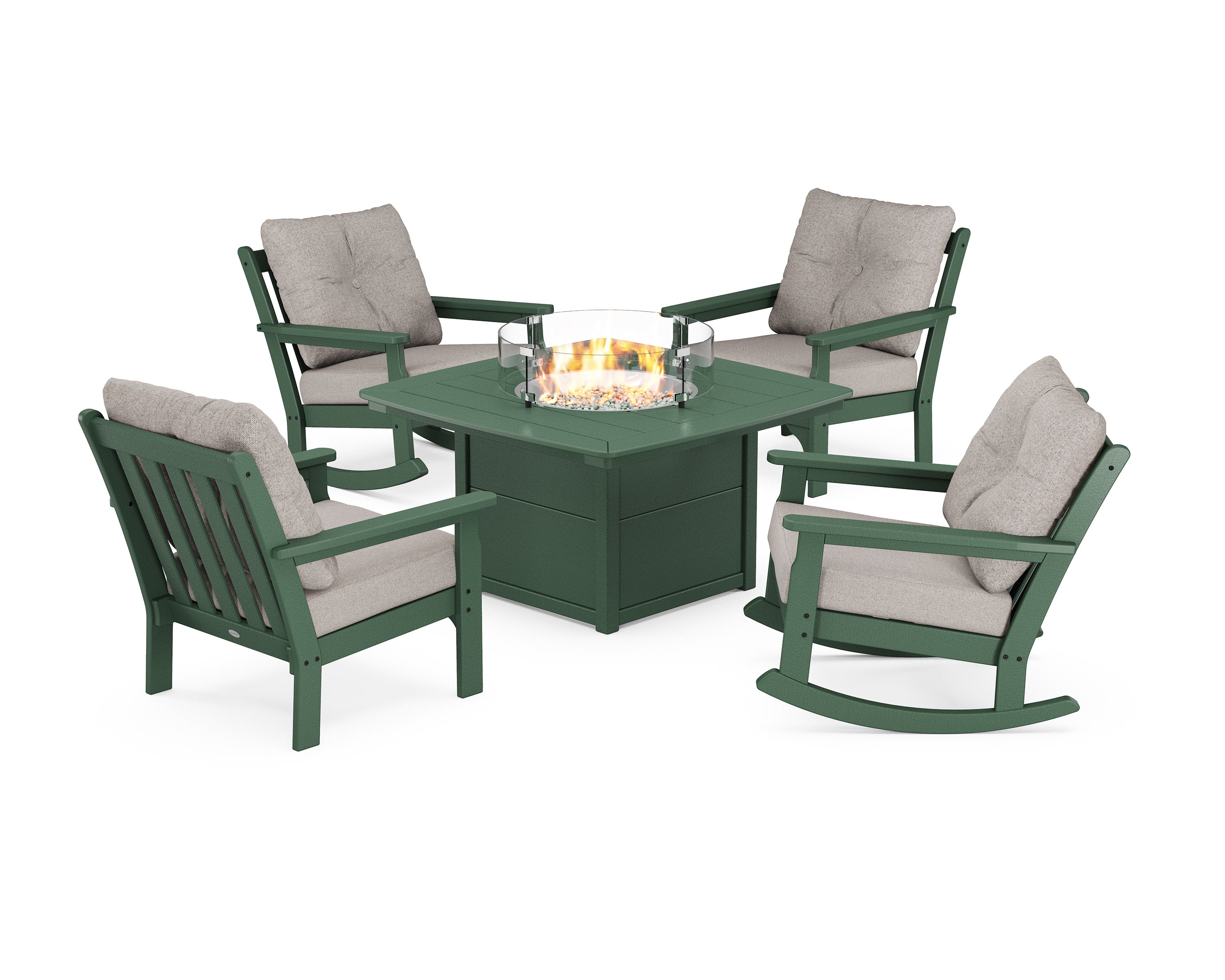 Vineyard 5-Piece Deep Seating Rocking Chair Conversation Set with Fire Pit Table in Green / Weathered Tweed