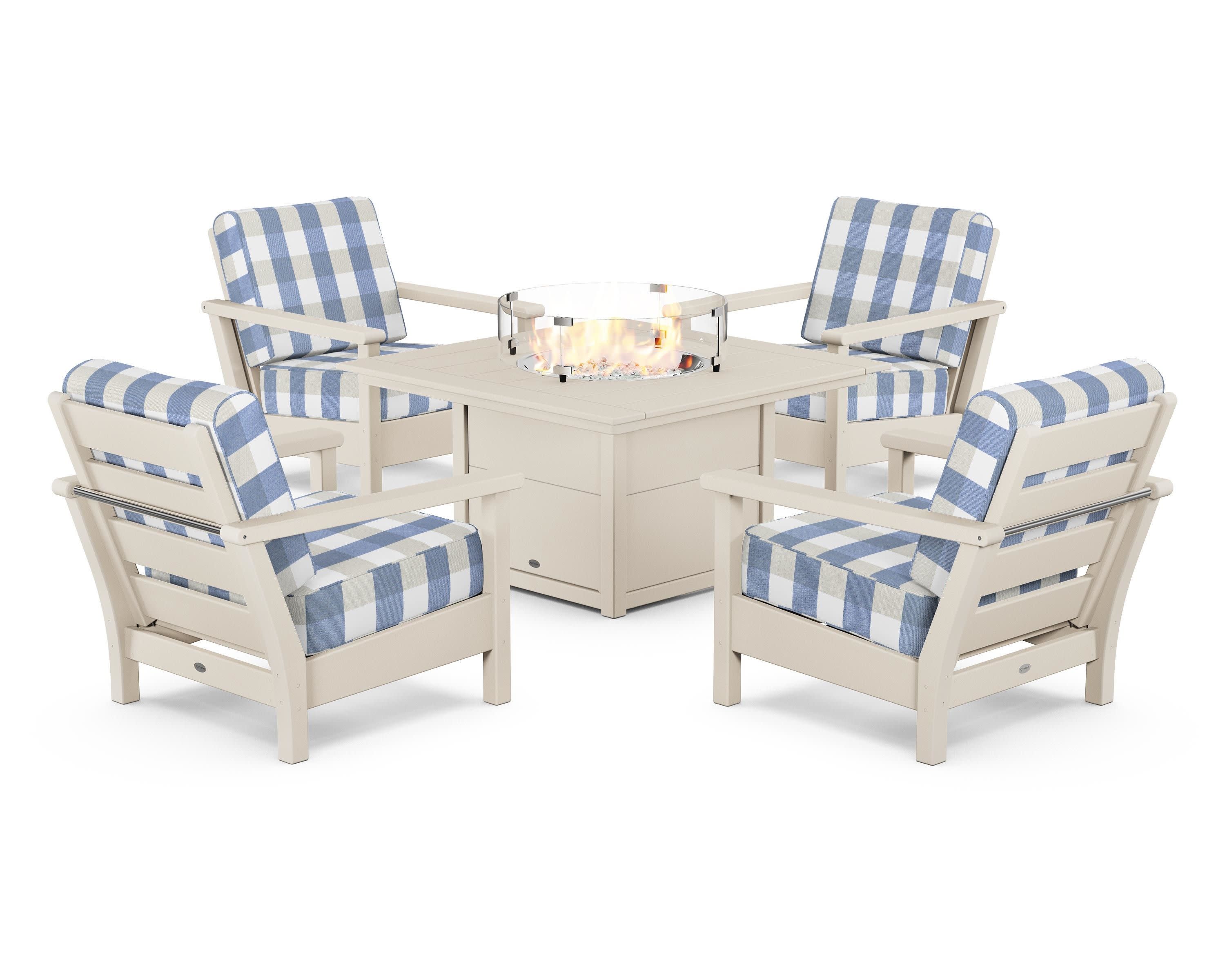 Harbour 5-Piece Conversation Set with Fire Pit Table in Sand / Buffalo Plaid Sky Blue