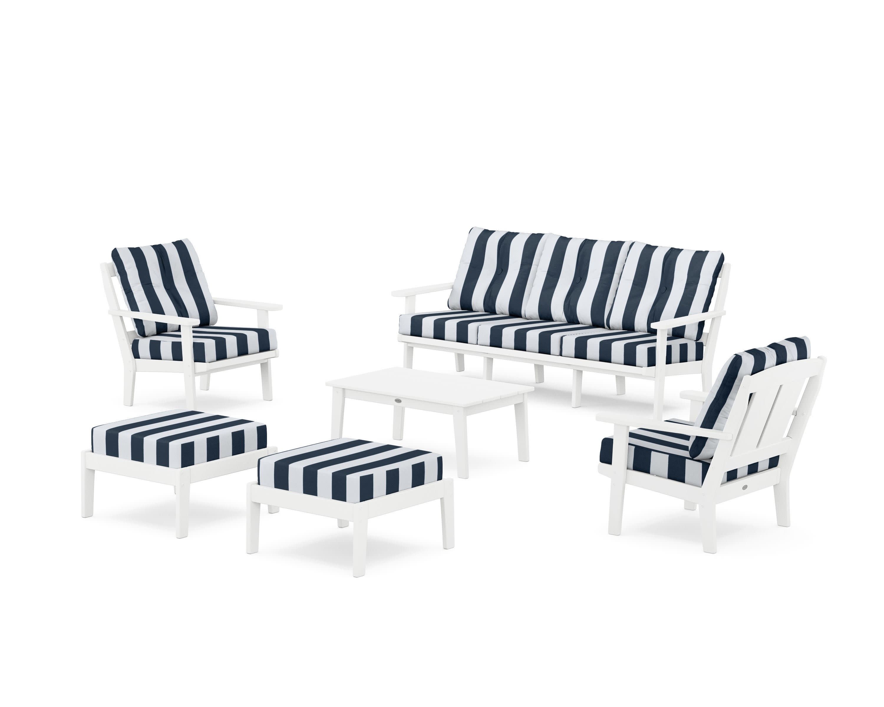 Mission 6-Piece Lounge Sofa Set in White / Cabana Stripe Marine Indigo