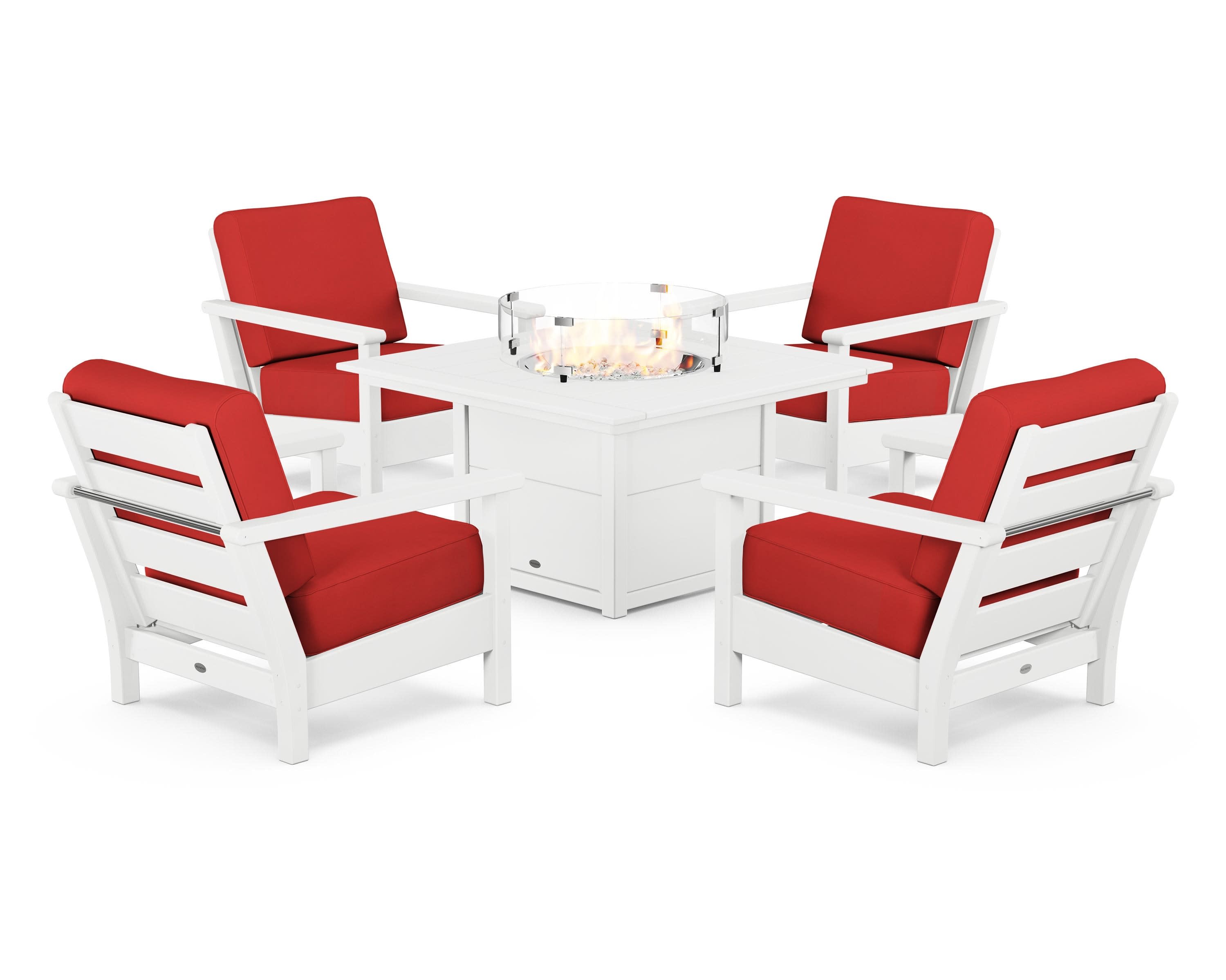 Harbour 5-Piece Conversation Set with Fire Pit Table in White / Crimson Linen