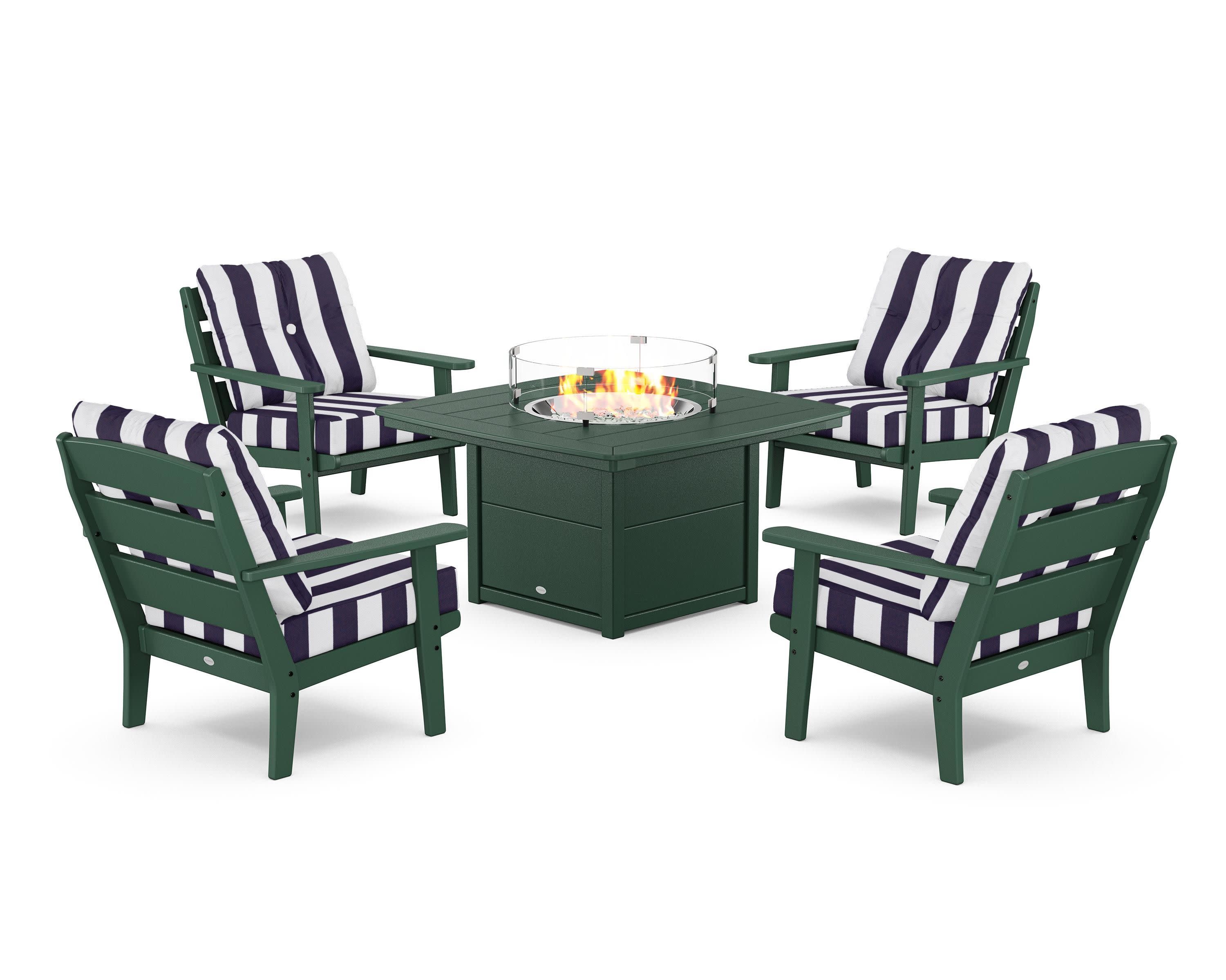 Lakeside 5-Piece Deep Seating Set with Nautical Fire Pit Table in Green / Cabana Stripe Navy
