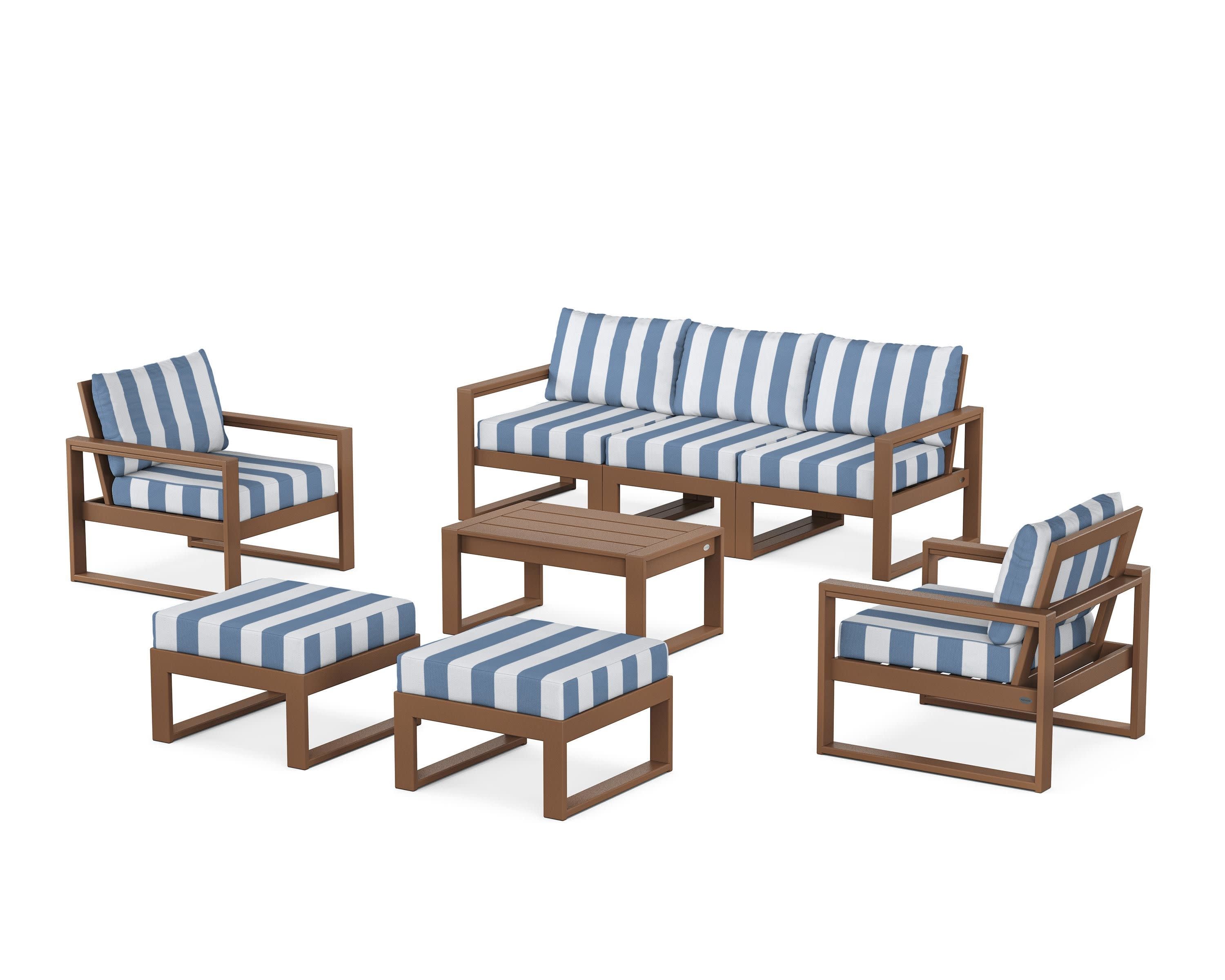 EDGE Sectional 8-Piece Lounge Sofa Set in Teak / Cabana Stripe Sky Blue
