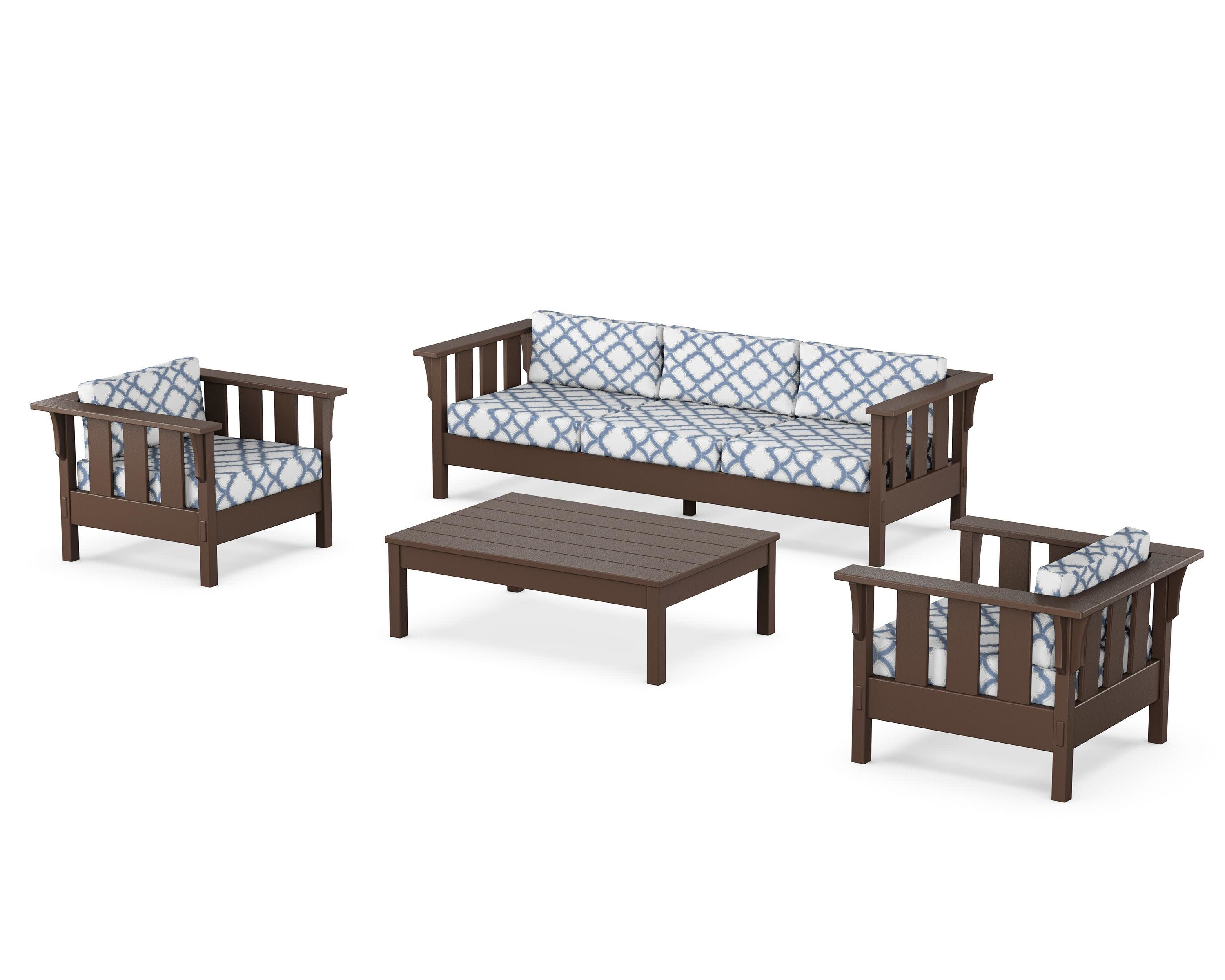 Acadia 4-Piece Deep Seating Set with Sofa in Mahogany / Trellis Sky Blue