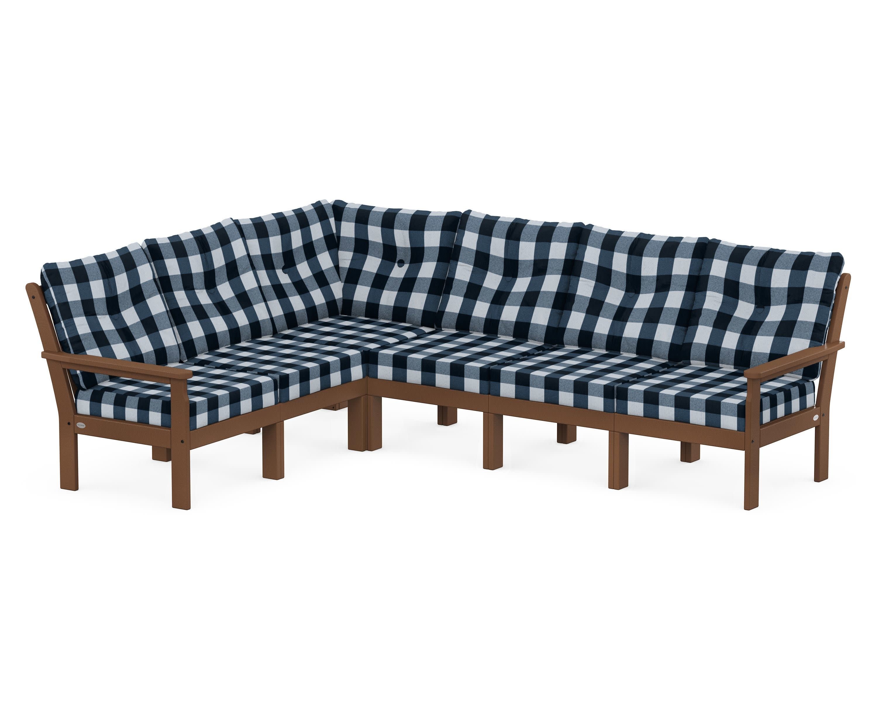 Vineyard 6-Piece Sectional in Teak / Buffalo Plaid Marine Indigo