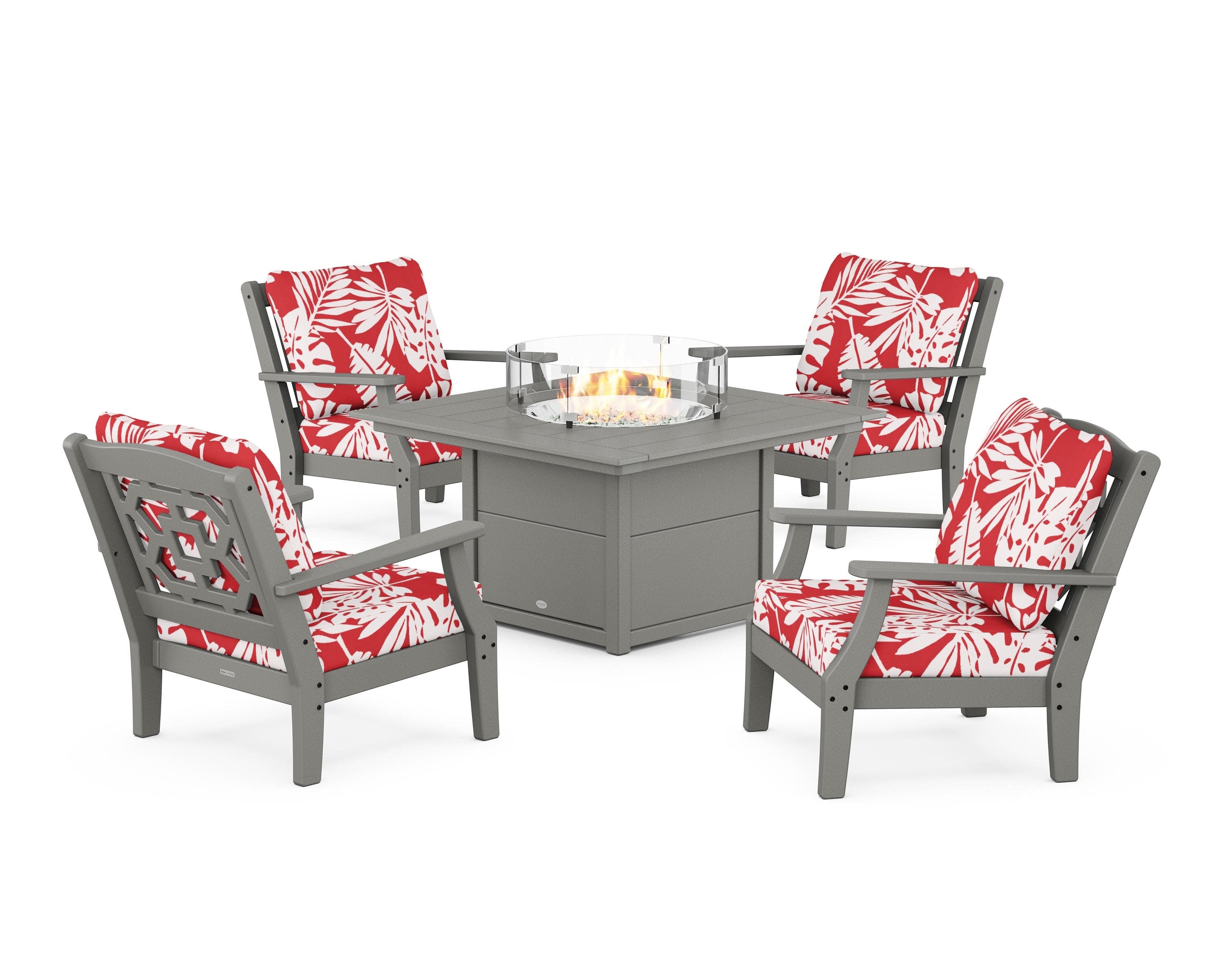 Chinoiserie 5-Piece Deep Seating Set with Fire Pit Table in Slate Grey / Leaf Crimson