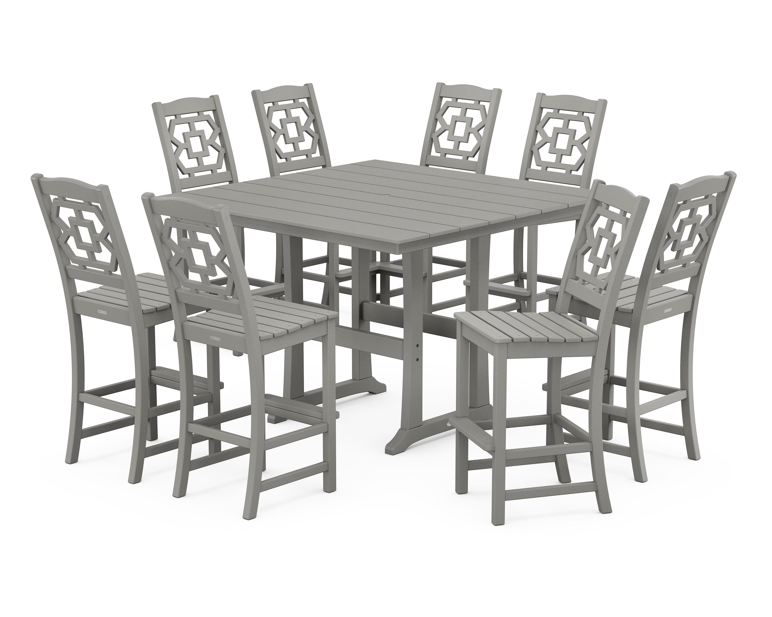 Chinoiserie 9-Piece Square Farmhouse Side Chair Bar Set with Trestle Legs in Slate Grey