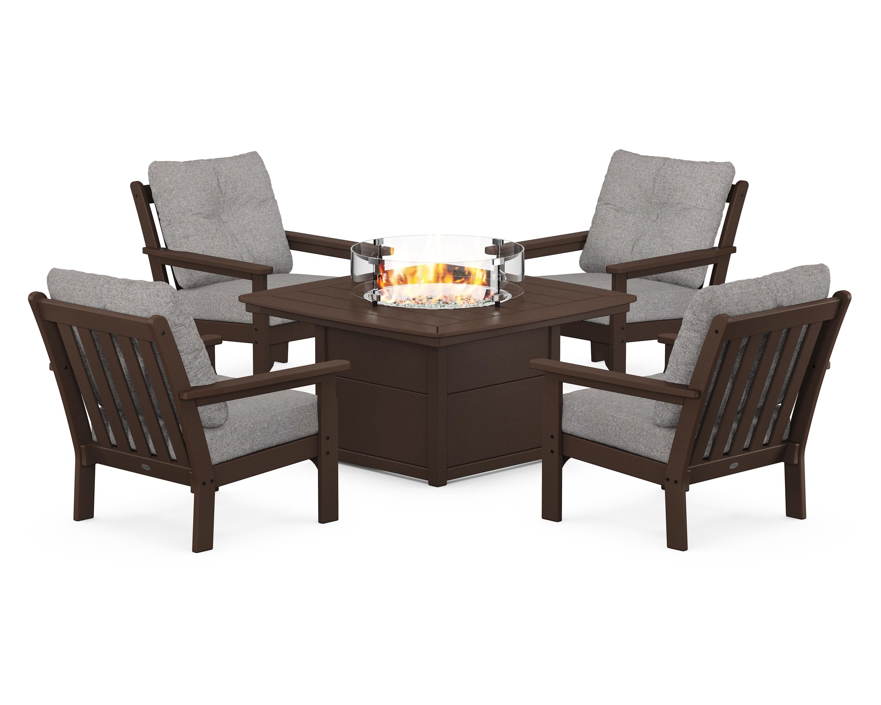 Vineyard 5-Piece Conversation Set with Fire Pit Table in Mahogany / Grey Mist