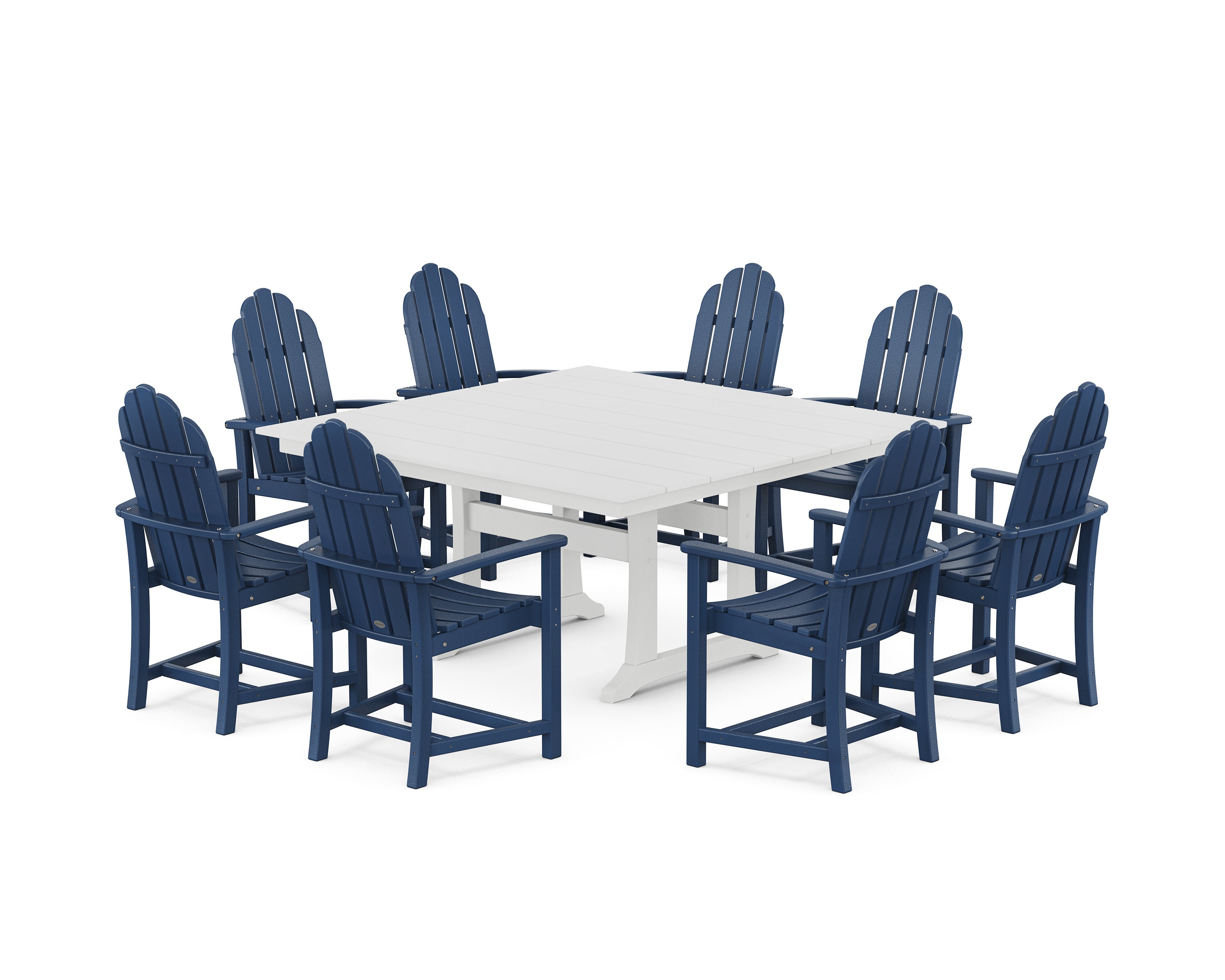 Classic Adirondack 9-Piece Square Farmhouse Dining Set with Trestle Legs in Navy / White