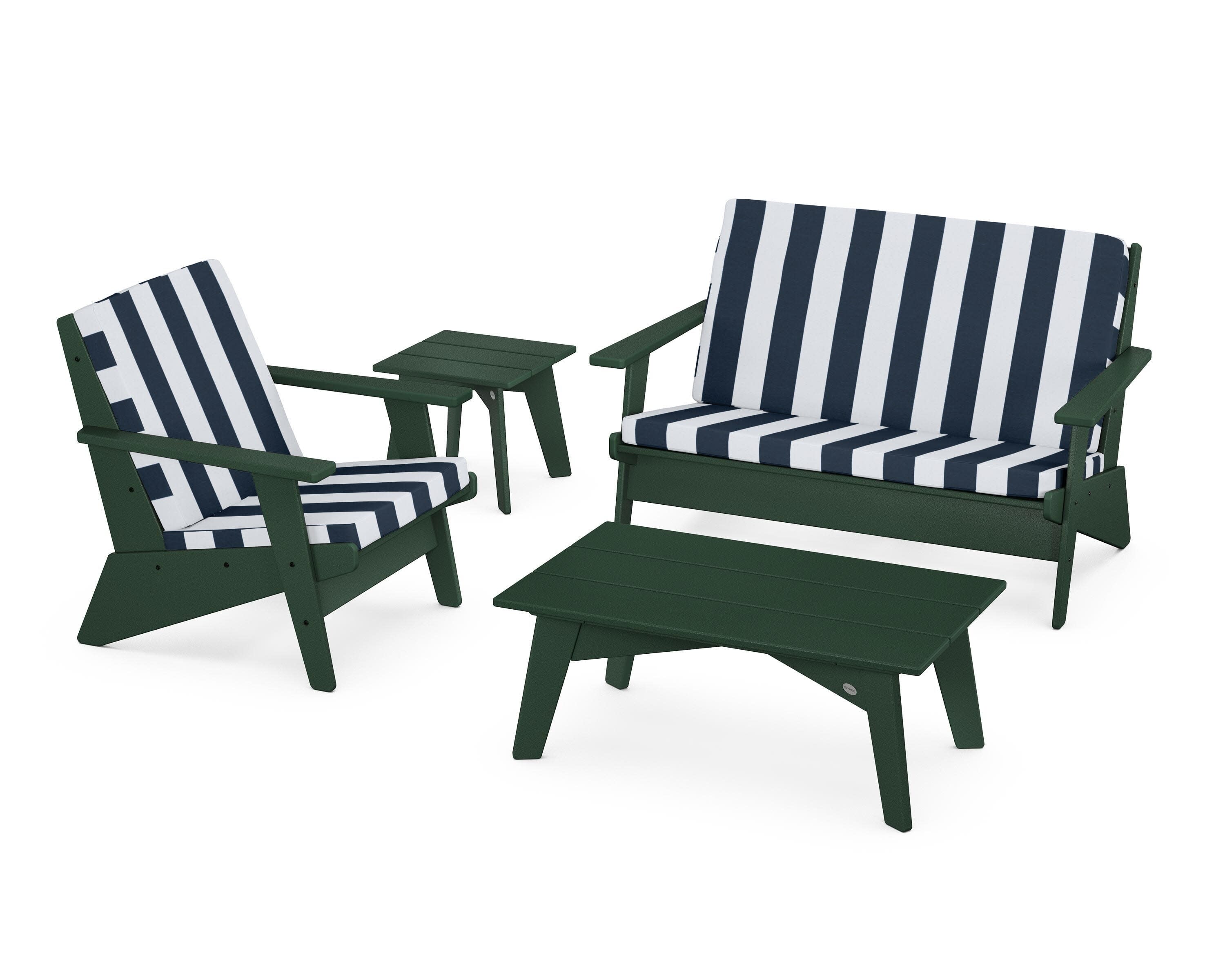Riviera Modern Lounge 4-Piece Set in Green / Cabana Stripe Marine Indigo