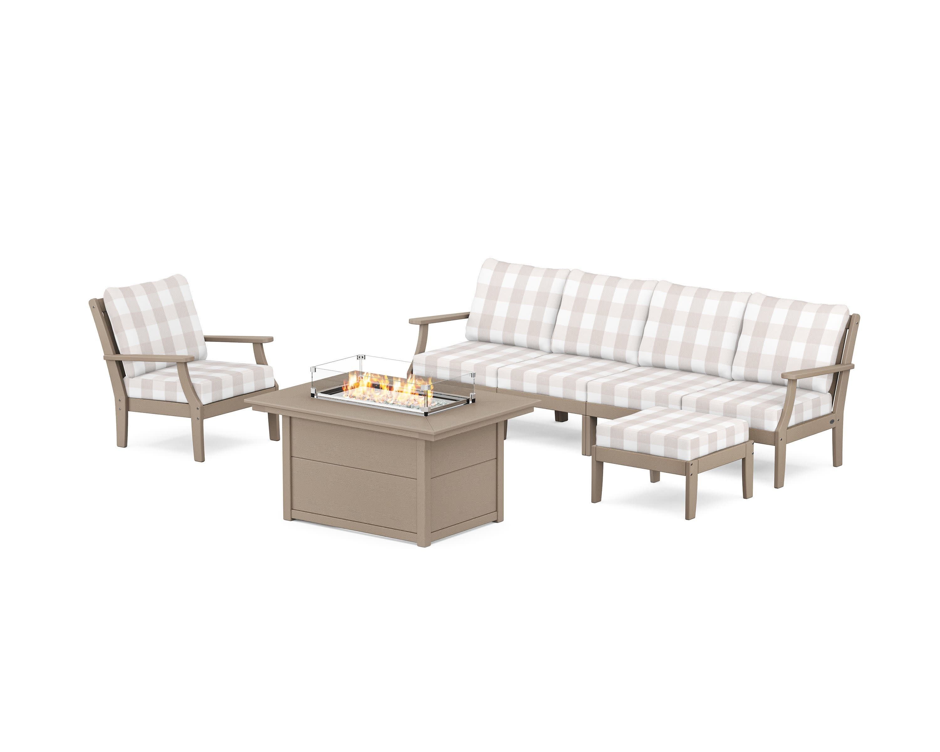 Braxton Sectional Lounge and Fire Pit Set in Vintage Sahara / Buffalo Plaid Dune Burlap