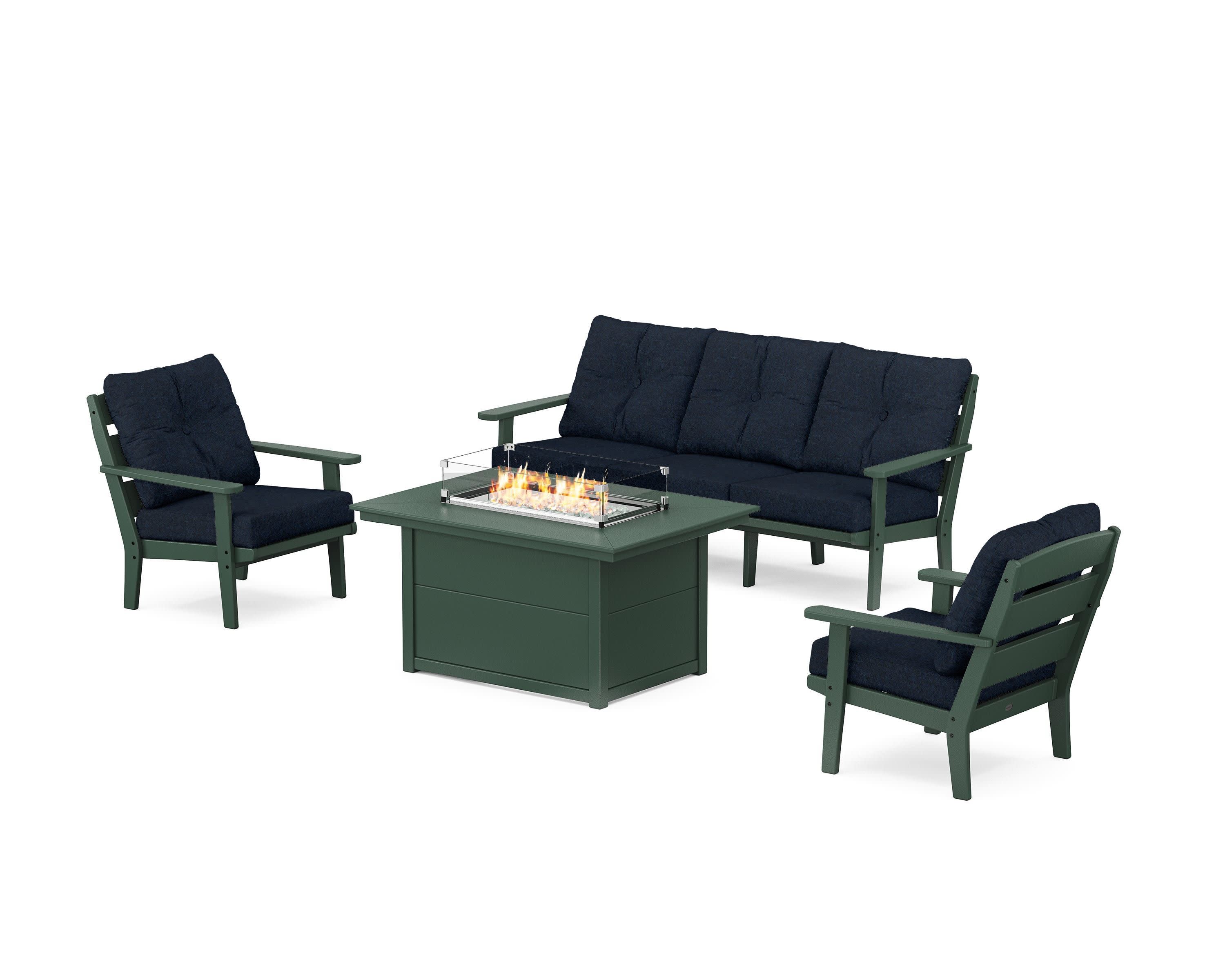 Lakeside Deep Seating Fire Pit Table Set in Green / Marine Indigo