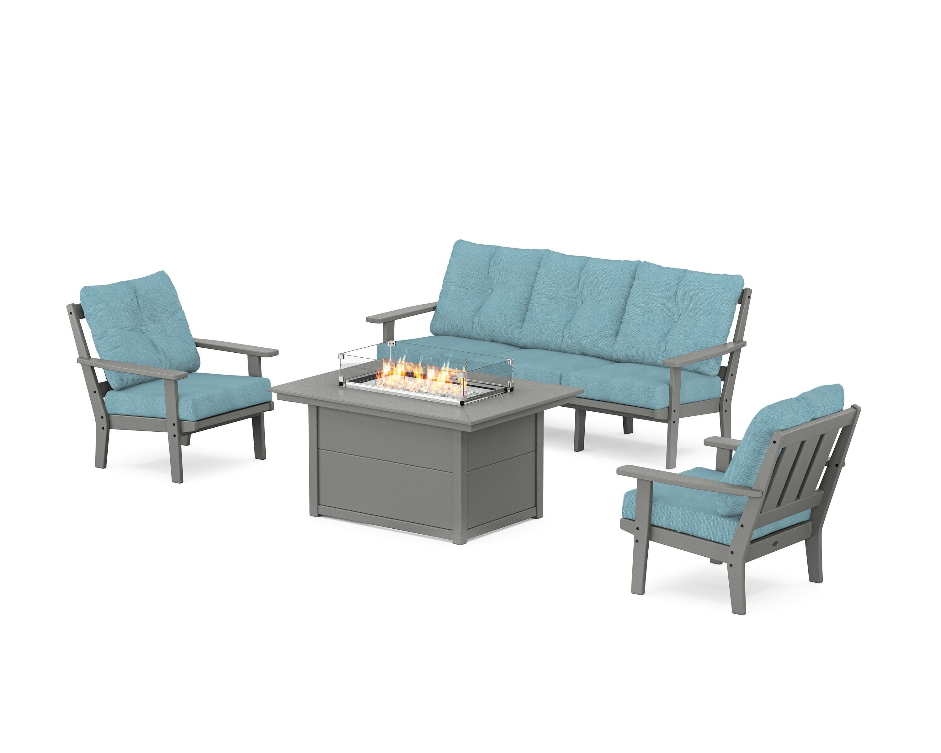 Oxford Deep Seating Fire Pit Table Set in Slate Grey / Lattice Sky Blue