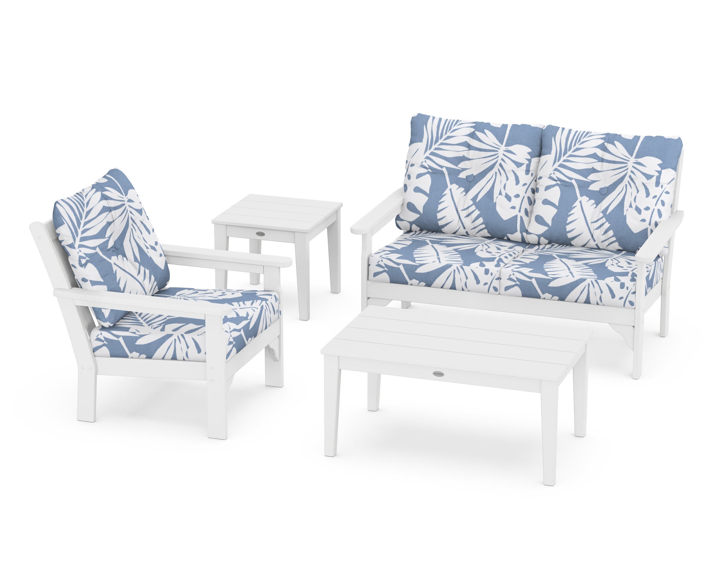 Vineyard 4-Piece Deep Seating Set in White / Leaf Sky Blue
