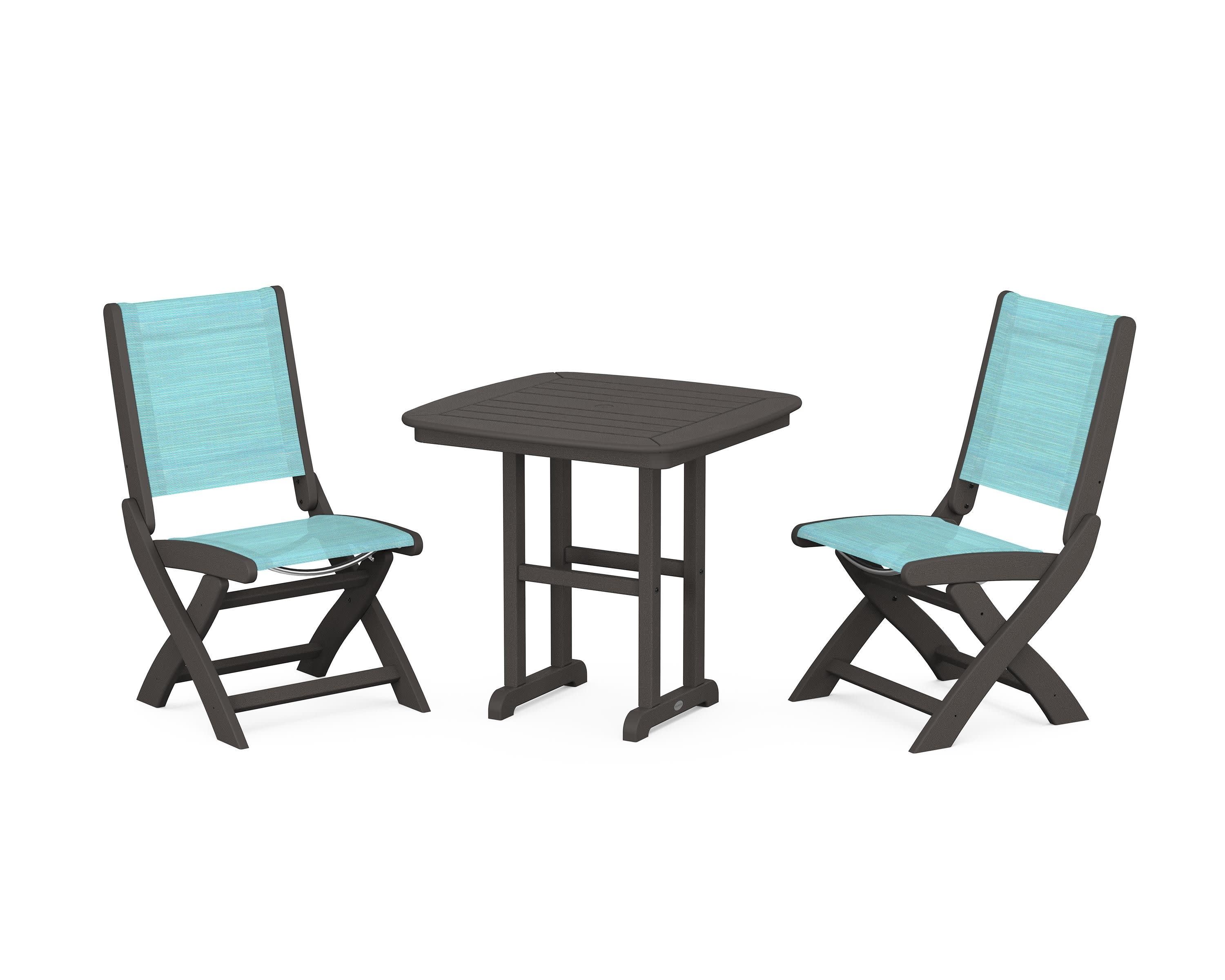 Coastal Folding Side Chair 3-Piece Dining Set in Vintage Coffee / Dupioni Aquamarine Sling