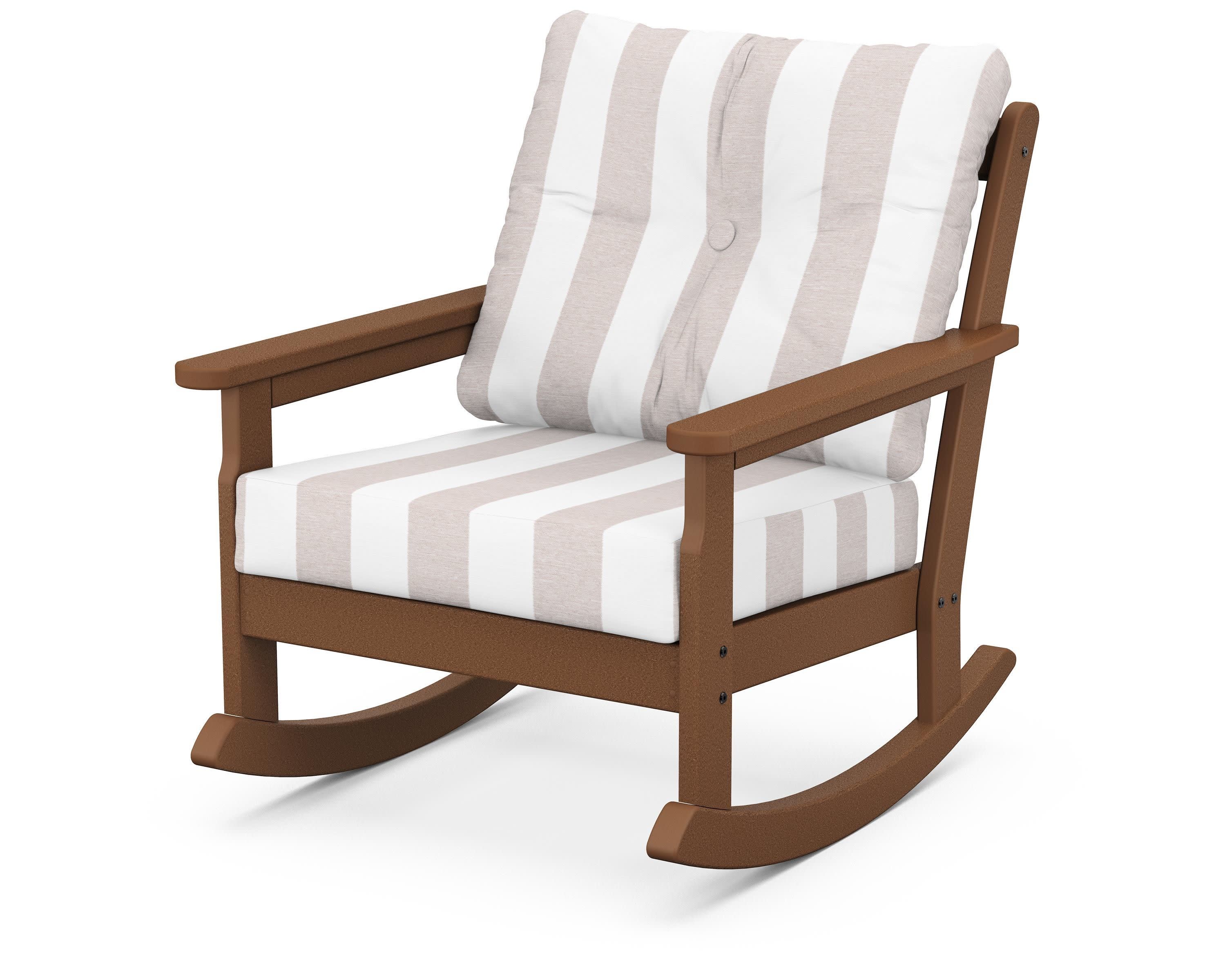 Vineyard Deep Seating Rocking Chair in Teak / Cabana Stripe Dune Burlap