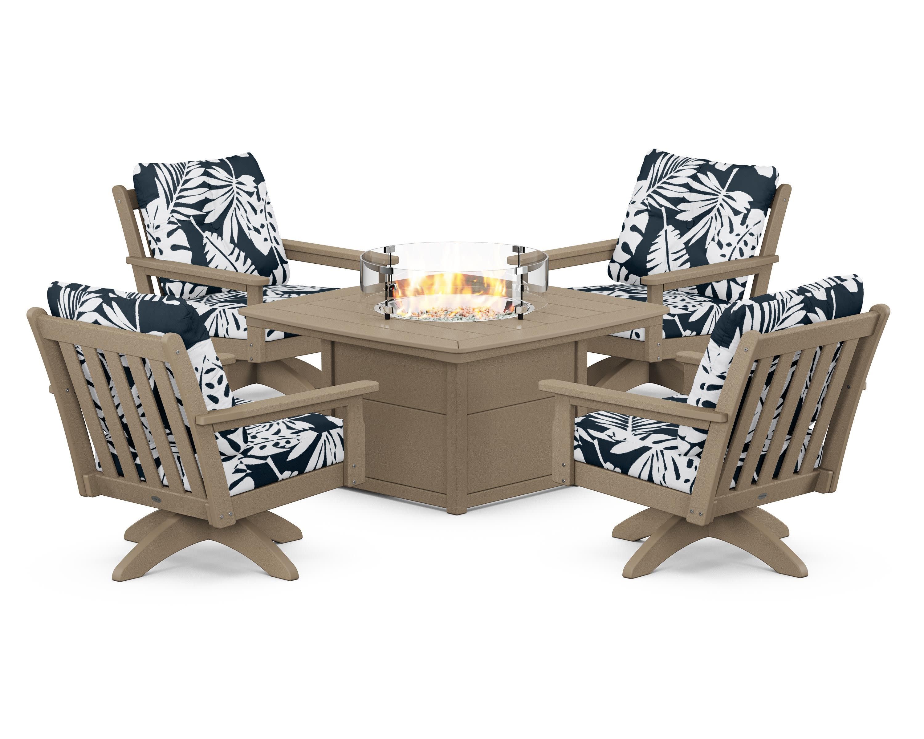 Vineyard 5-Piece Deep Seating Swivel Conversation Set with Fire Pit Table in Vintage Sahara / Leaf Marine Indigo