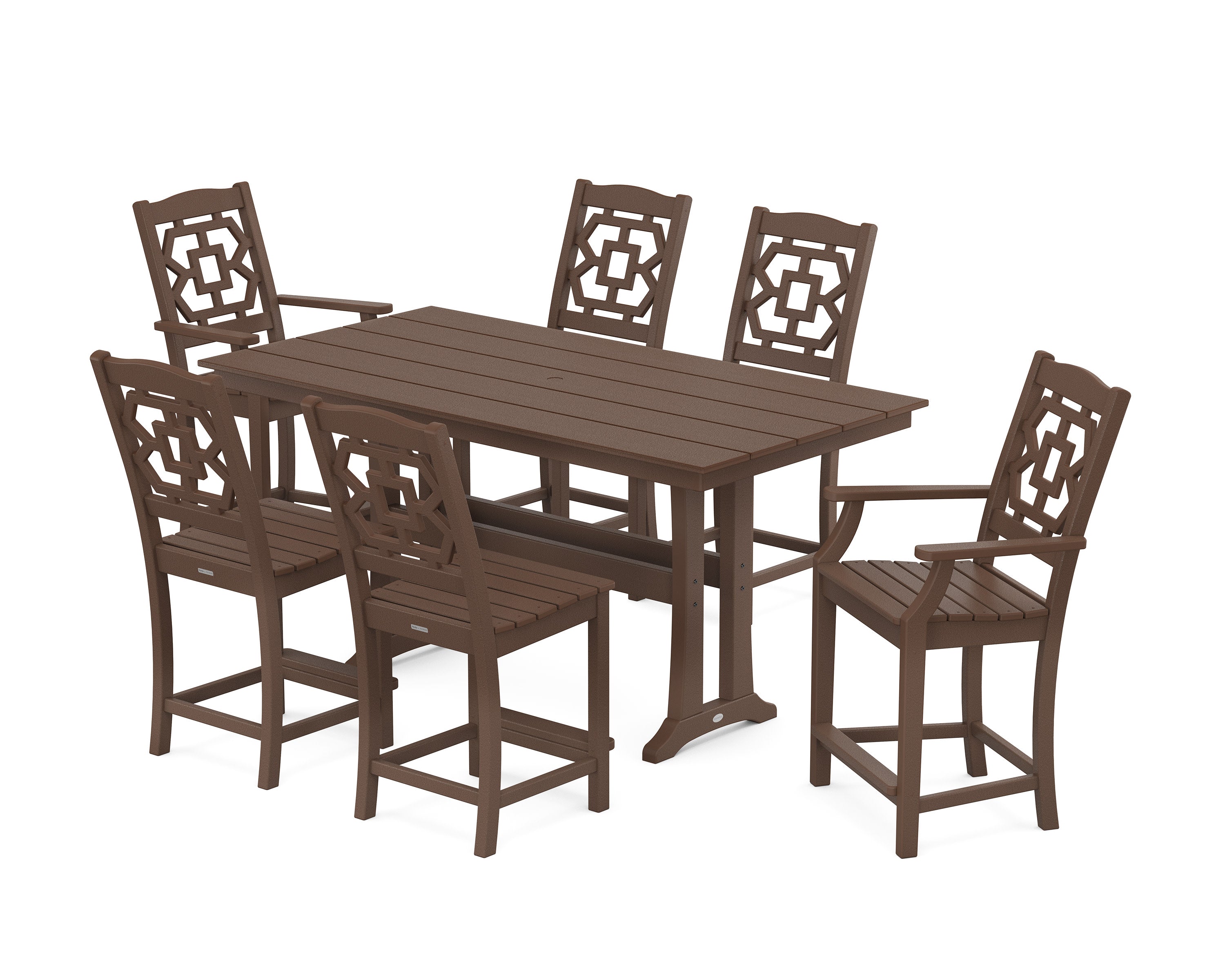 Chinoiserie 7-Piece Farmhouse Counter Set with Trestle Legs in Mahogany