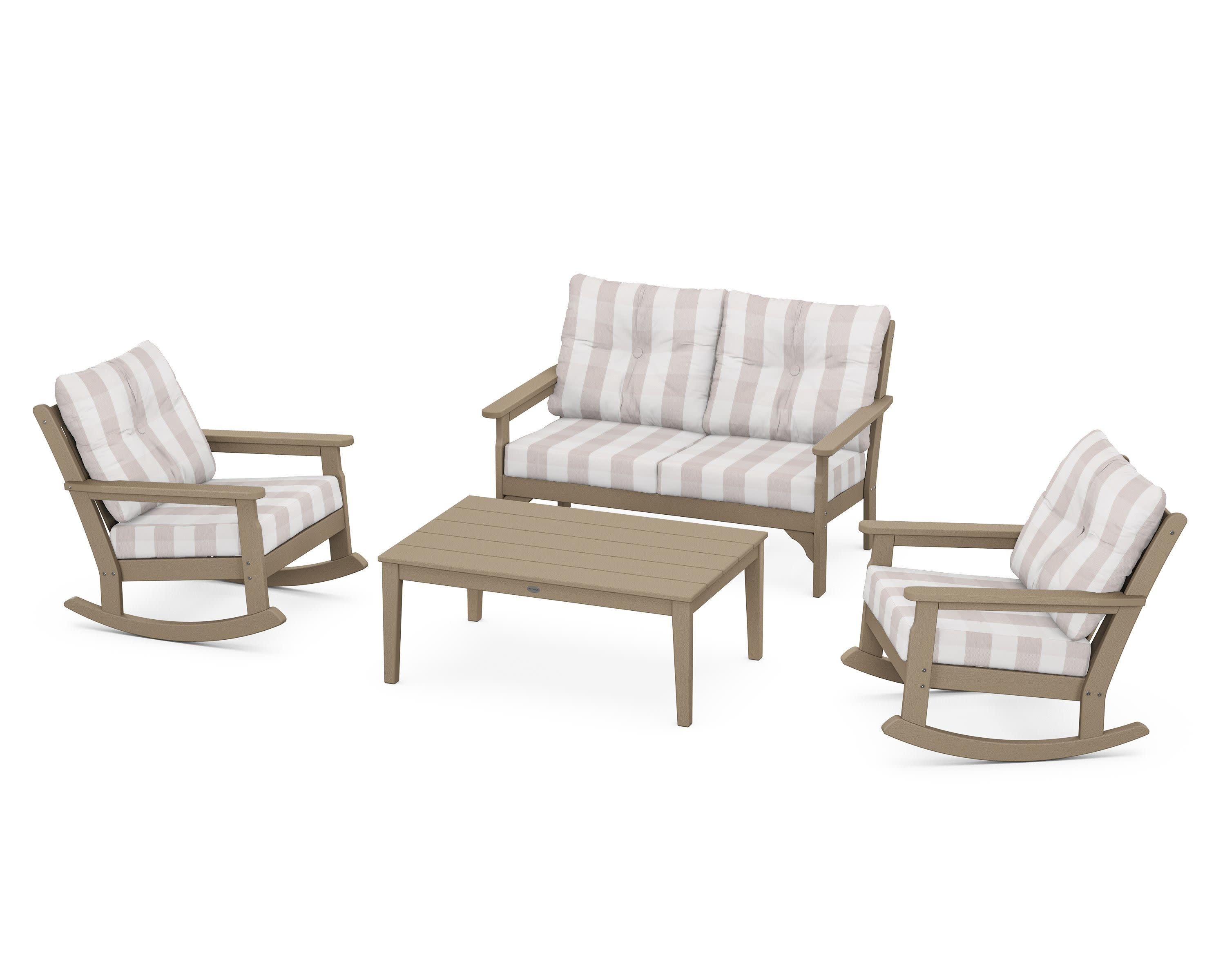 Vineyard 4-Piece Deep Seating Rocking Chair Set in Vintage Sahara / Buffalo Plaid Dune Burlap