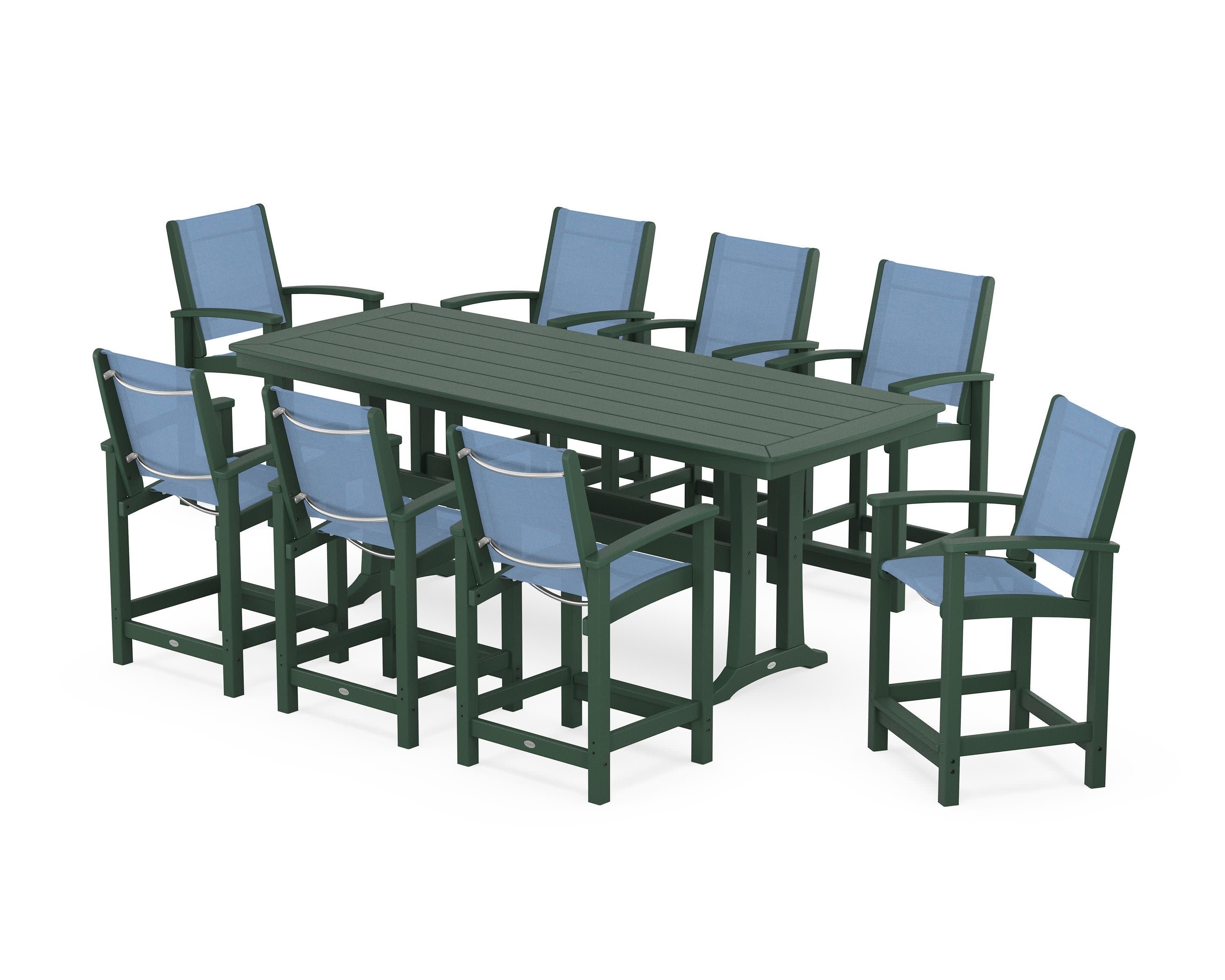 Coastal 9-Piece Counter Set with Trestle Legs in Green / Poolside Sling