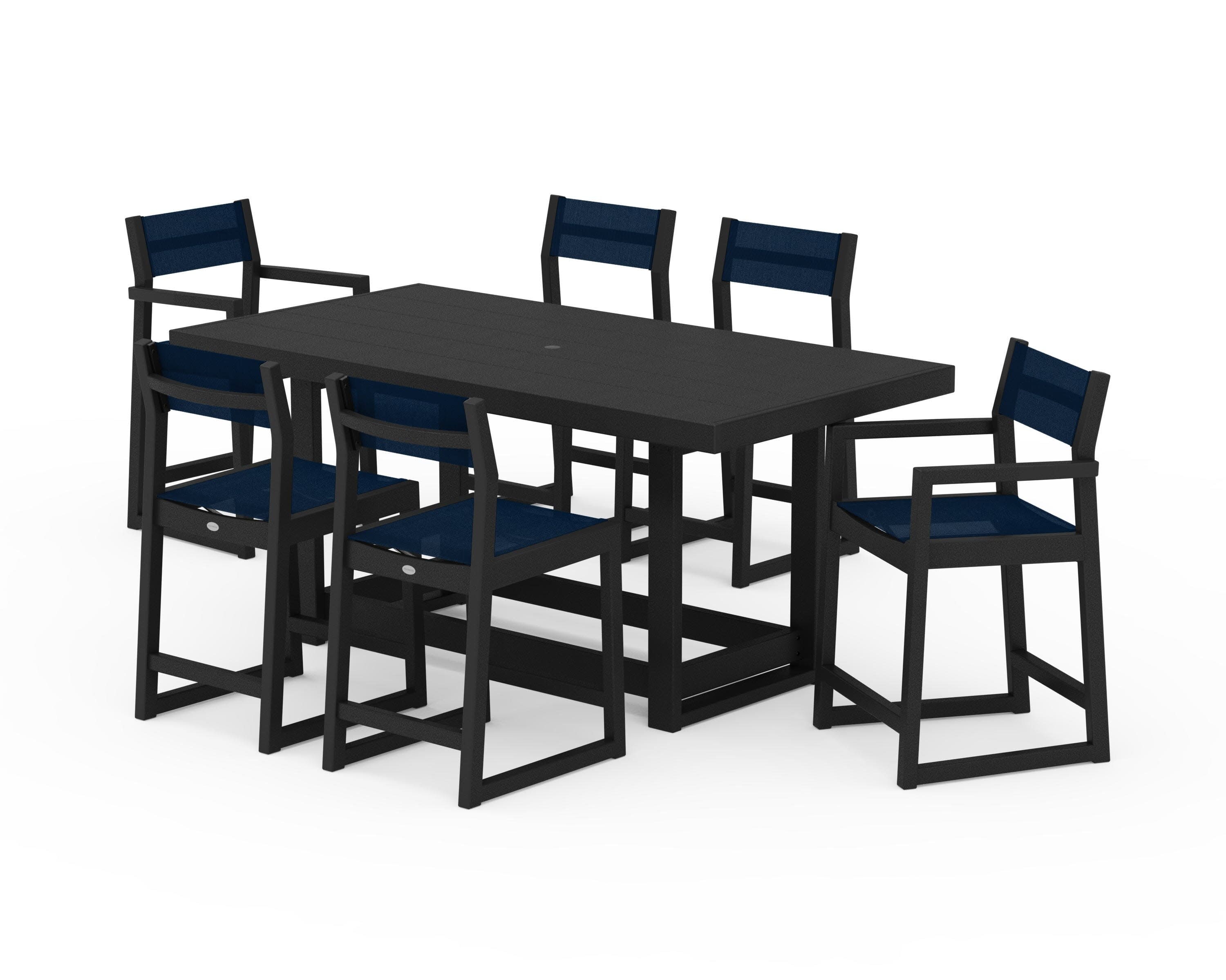 EDGE Sling 7-Piece Counter Table Set in Black / Navy Blue Sling