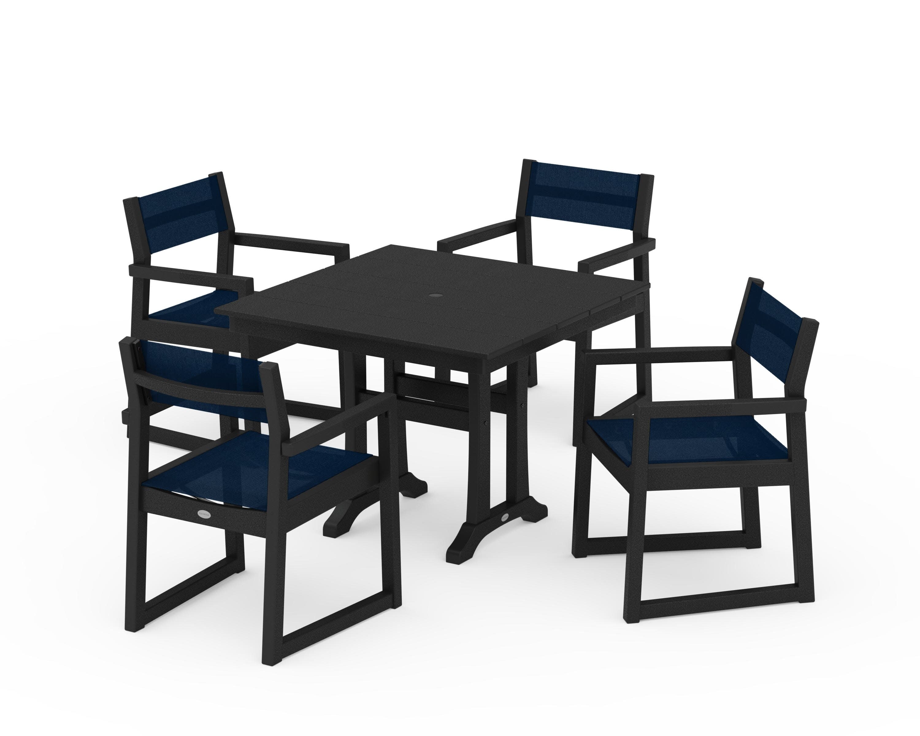 EDGE Sling 5-Piece Farmhouse Dining Set with Trestle Legs in Black / Navy Blue Sling