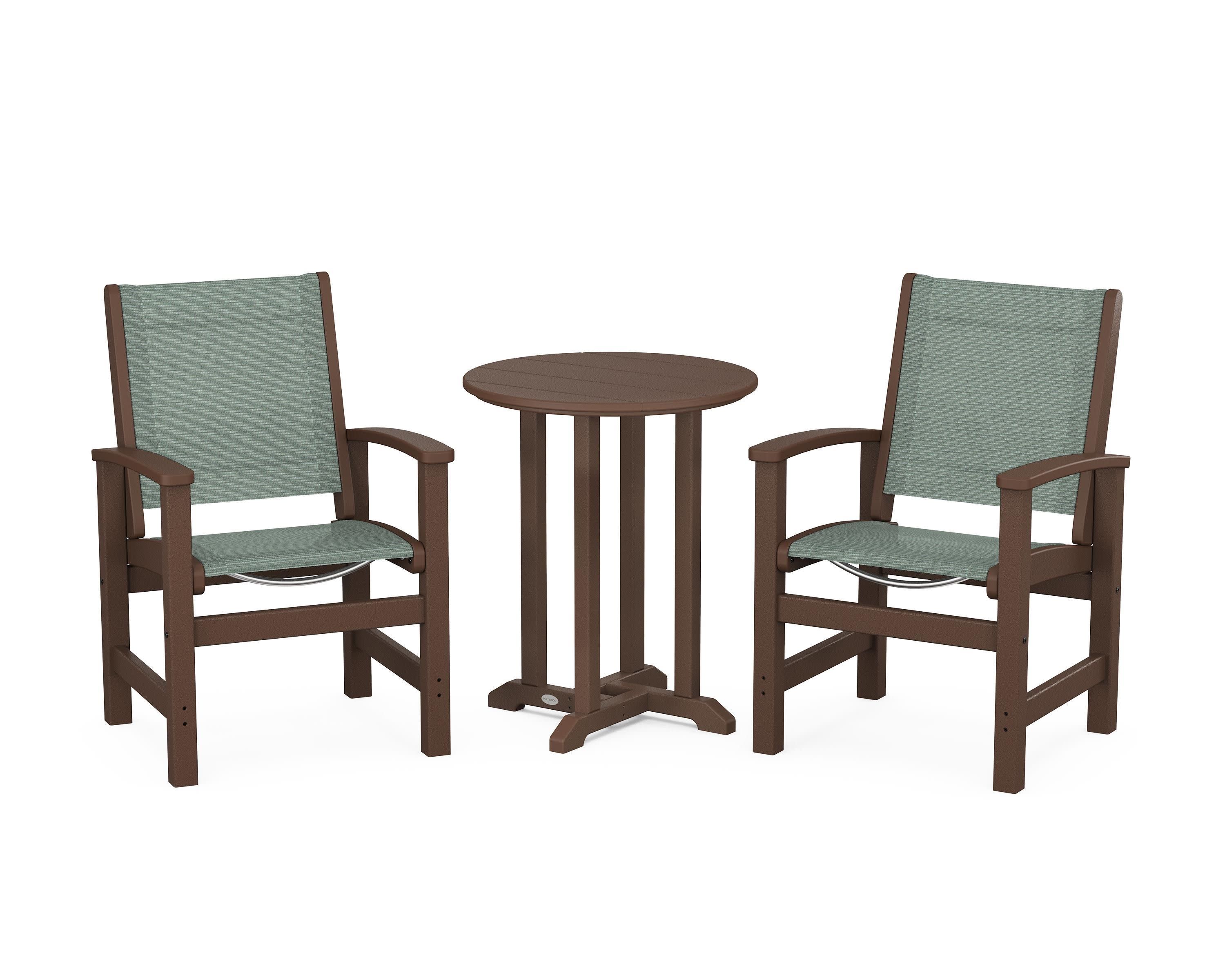 Coastal 3-Piece Round Bistro Dining Set in Mahogany / Dupioni Sea Mist Sling