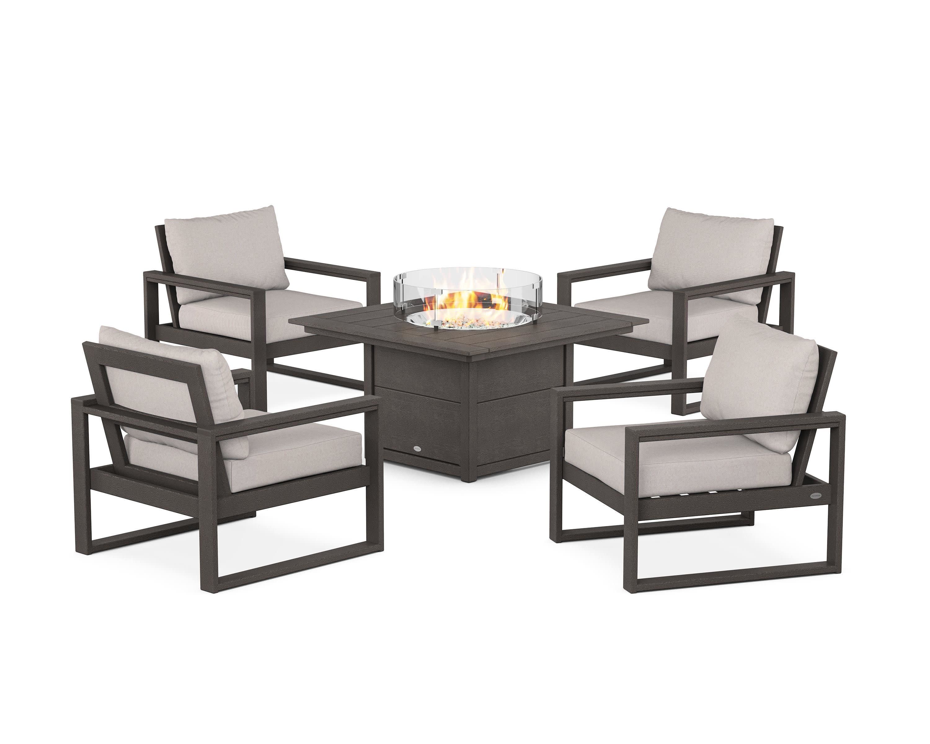 EDGE Sectional 5-Piece Deep Seating Set with Fire Pit Table in Vintage Coffee / Dune Burlap