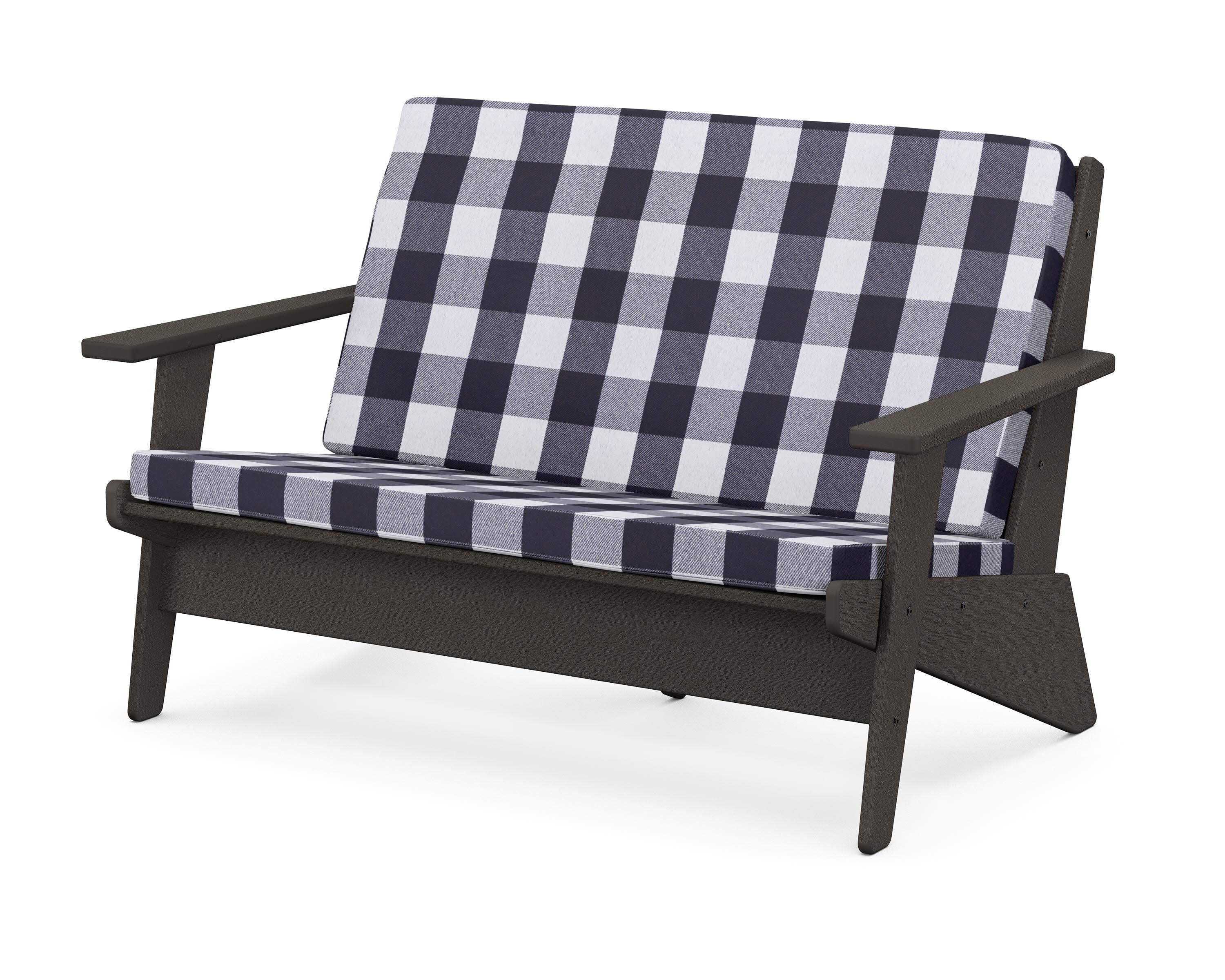 Riviera Modern Lounge Loveseat in Vintage Coffee / Buffalo Plaid Navy