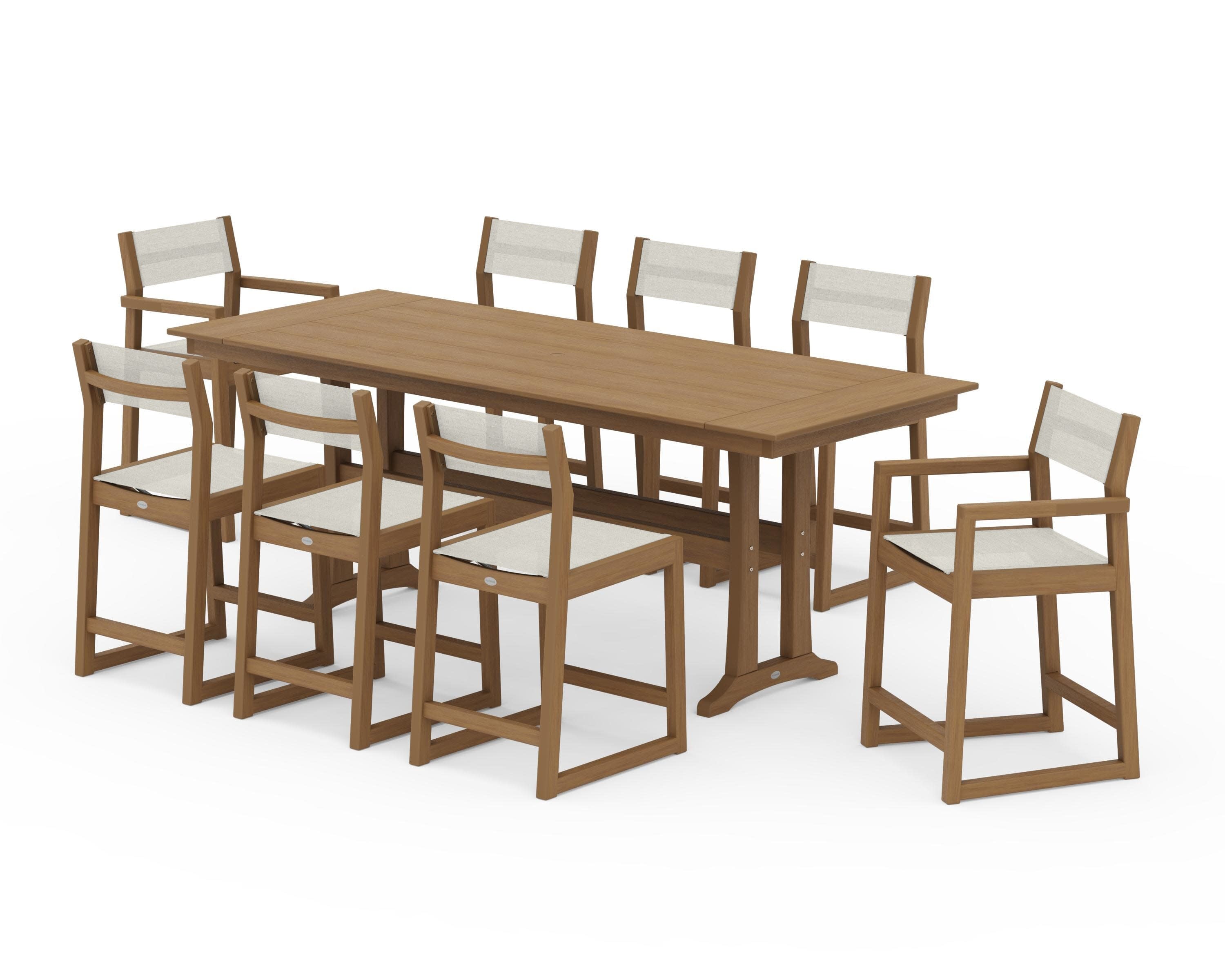 EDGE Sling 9-Piece Farmhouse Counter Set with Trestle Legs in Natural / Parchment Sling