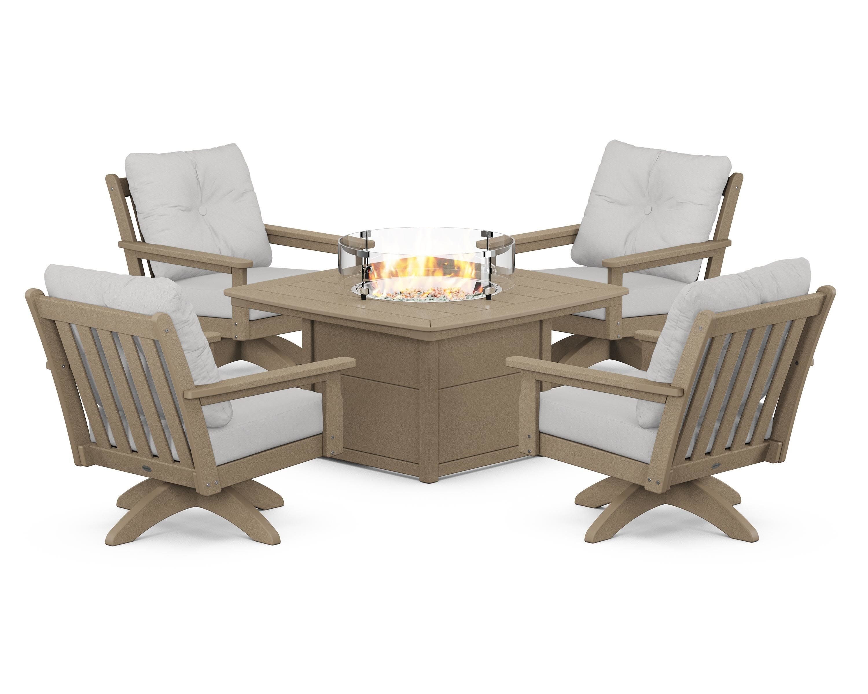 Vineyard 5-Piece Deep Seating Swivel Conversation Set with Fire Pit Table in Vintage Sahara / Diamond in the Rough