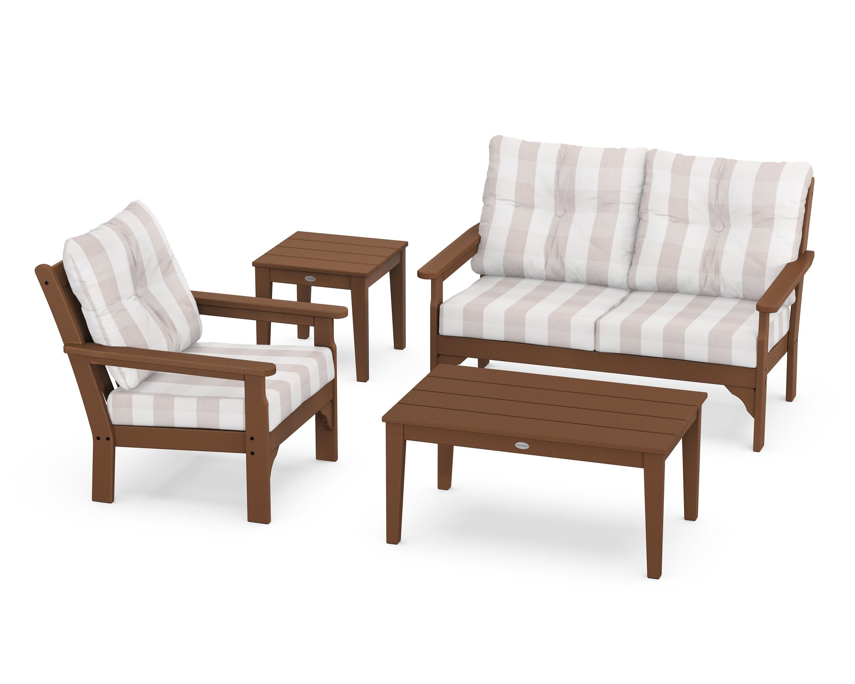 Vineyard 4-Piece Deep Seating Set in Teak / Buffalo Plaid Dune Burlap