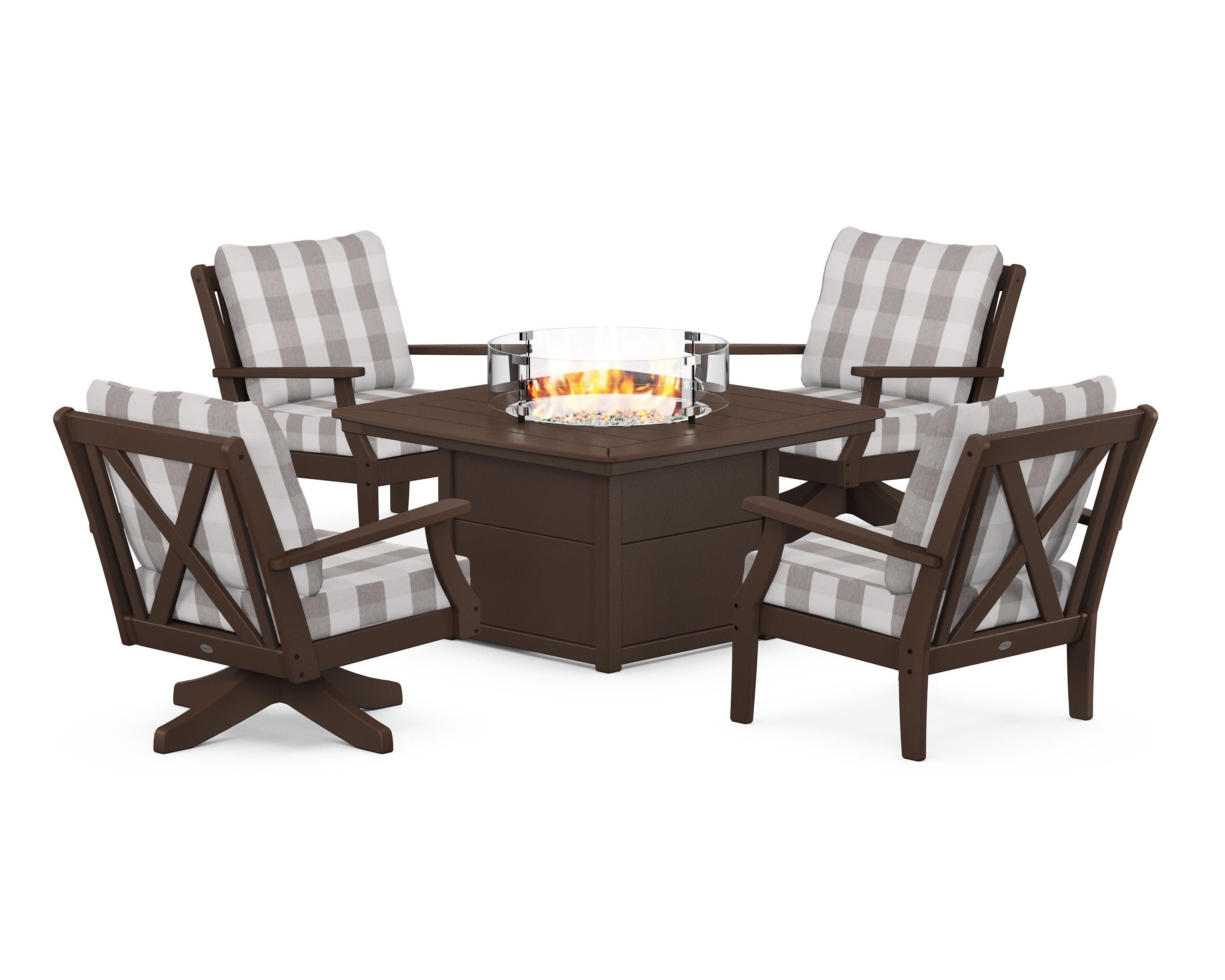 Braxton 5-Piece Deep Seating Set with Fire Table in Mahogany / Buffalo Plaid Grey Mist
