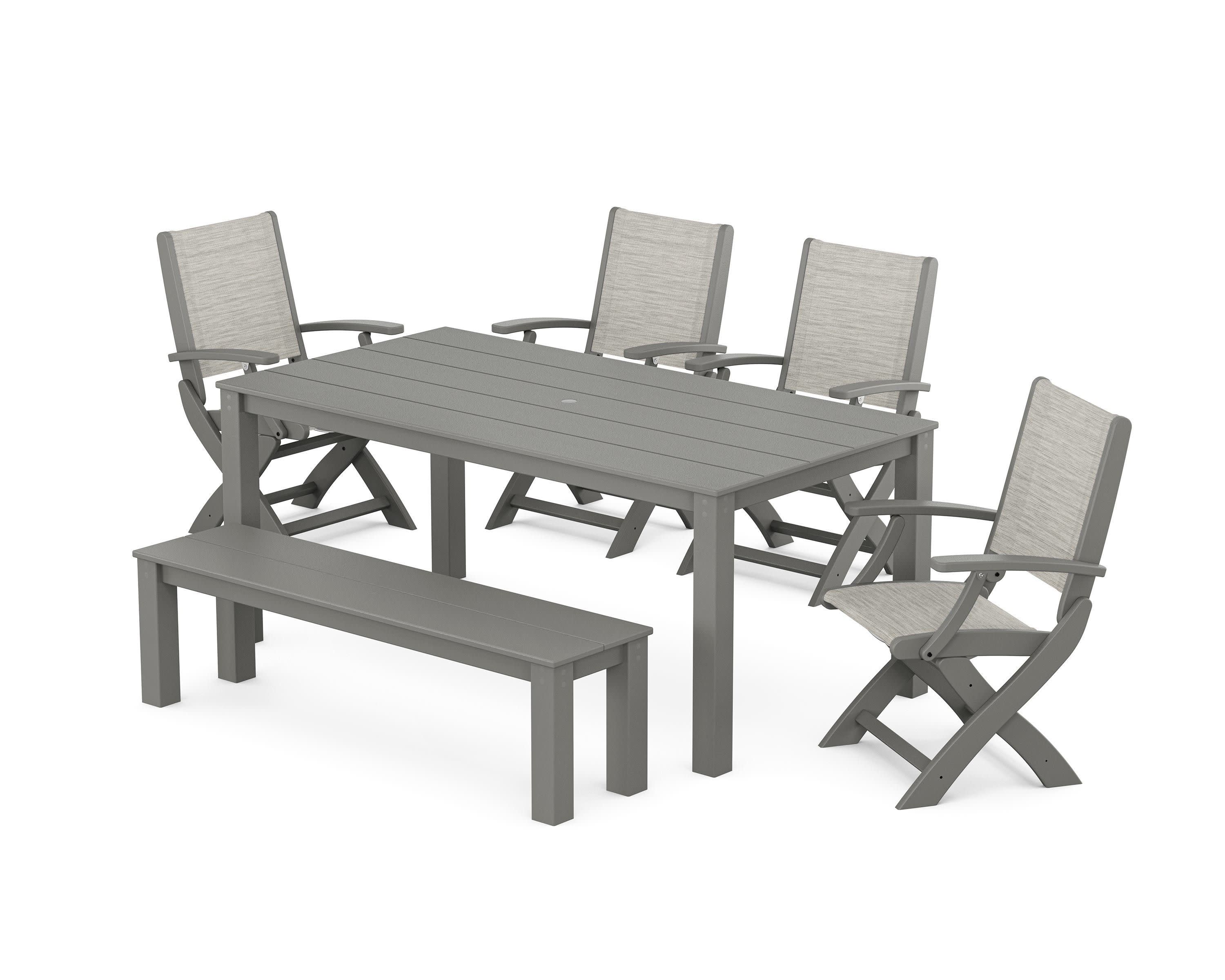 Coastal Folding Chair 6-Piece Parsons Dining Set with Bench in Slate Grey / Birch Sling